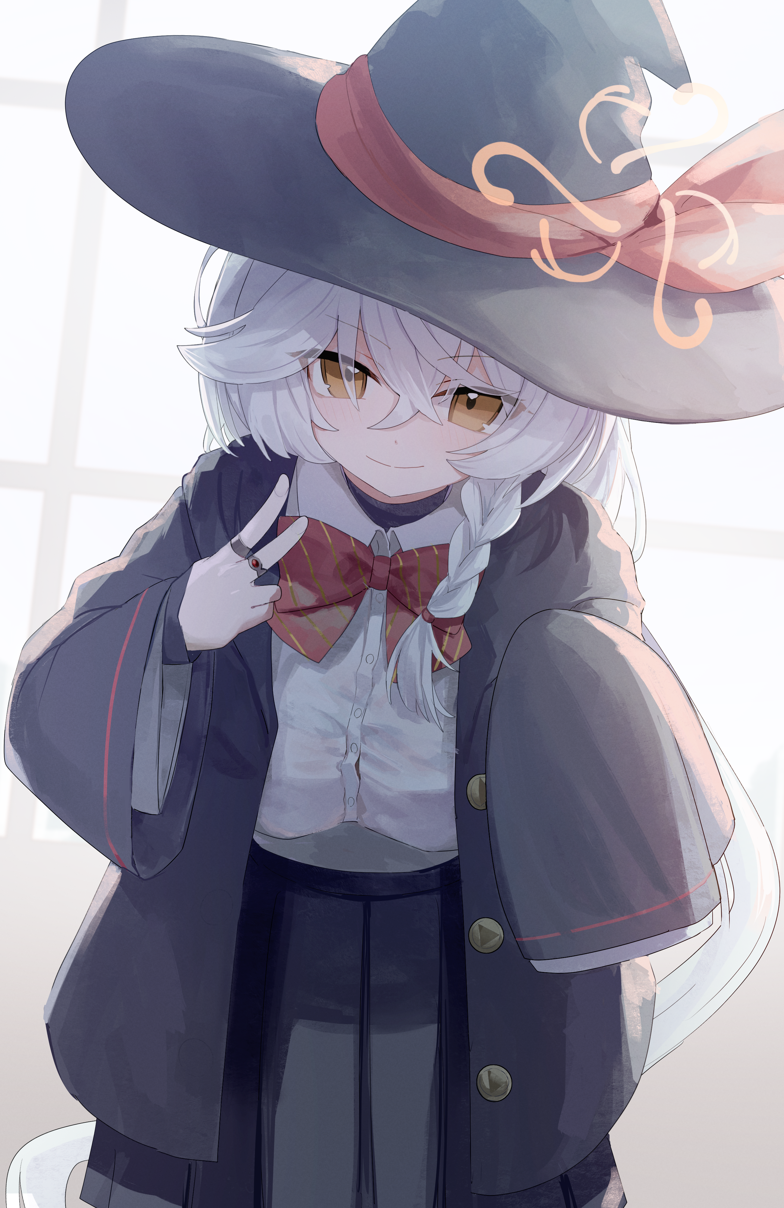 nacoty, eri (blue archive), blue archive, absurdres, commentary, highres, revision, 1girl, black hat, black jacket, black skirt, bow, bowtie, braid, breasts, closed mouth, diagonal-striped bow, diagonal-striped bowtie, diagonal-striped clothes, grey hair, hat, jacket, jewelry, large breasts, long hair, long sleeves, looking at viewer, low ponytail, multiple rings, ponytail, red bow, red bowtie, ring, school uniform, shirt, side braid, single braid, skirt, sleeves past wrists, solo, striped bow, striped bowtie, striped clothes, v, very long hair, white hair, white shirt, witch hat, yellow eyes