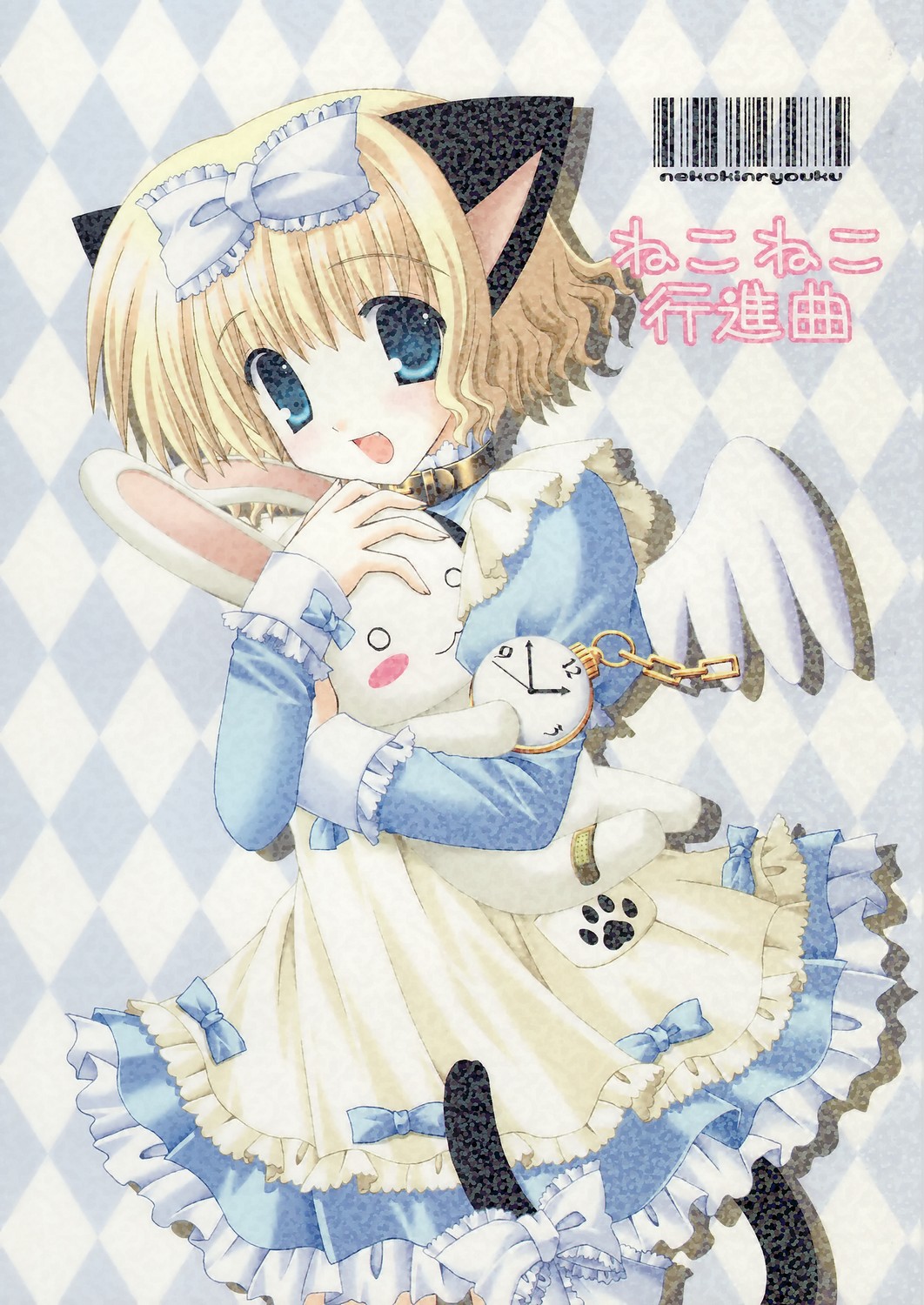 highres, animal ears, blonde hair, blue eyes, blush, bow, cat ears, cat tail, collar, dress, fang, short hair, tail, wings