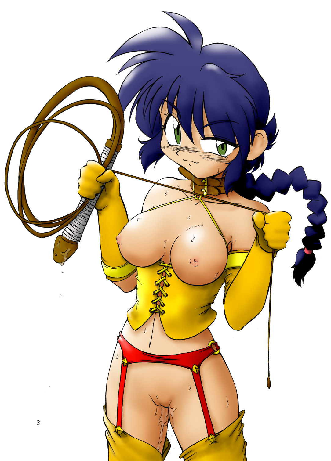 highres, blush, breasts, collar, long hair, no panties, thighhighs, whip