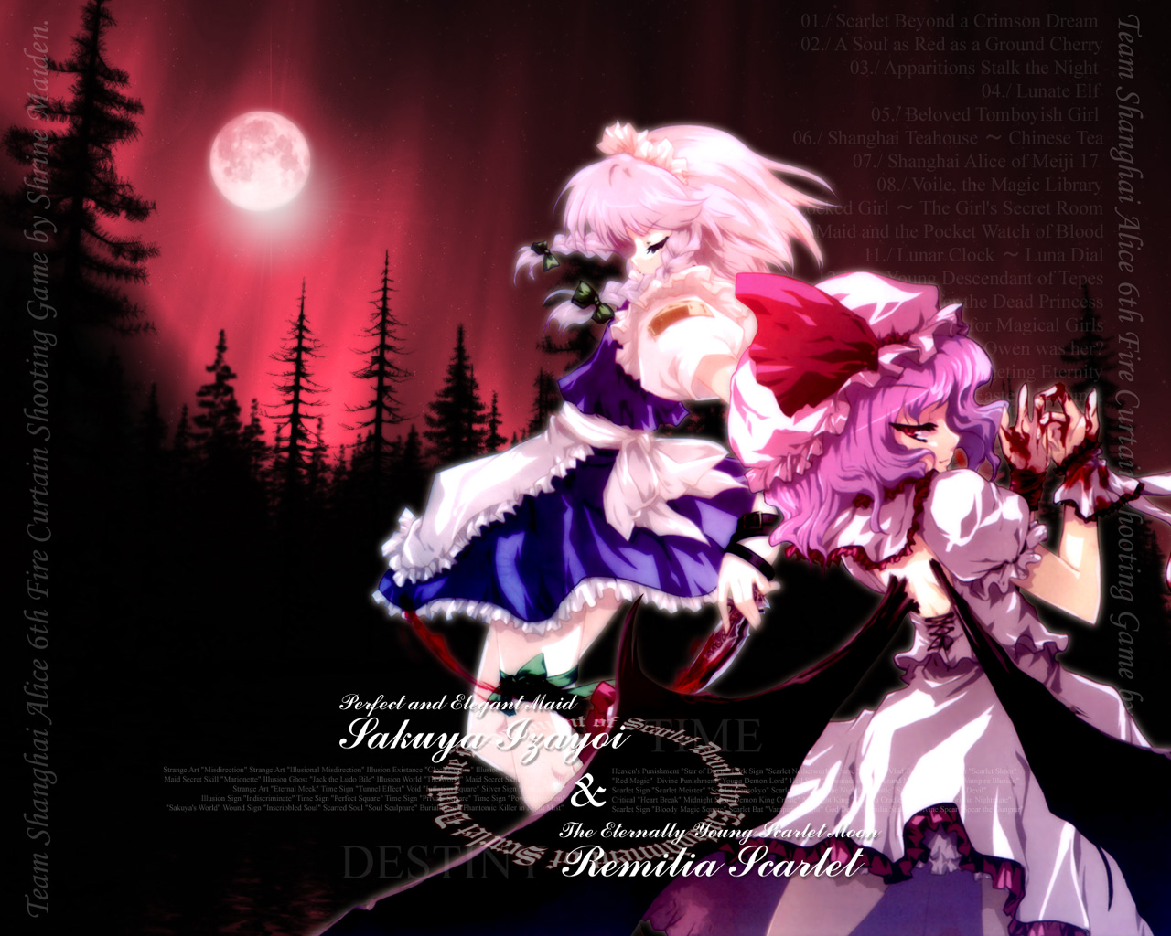 izayoi sakuya, remilia scarlet, touhou, 2girls, blood, female focus, full moon, hat, maid, mob cap, moon, multiple girls, red moon, ribbon, skirt