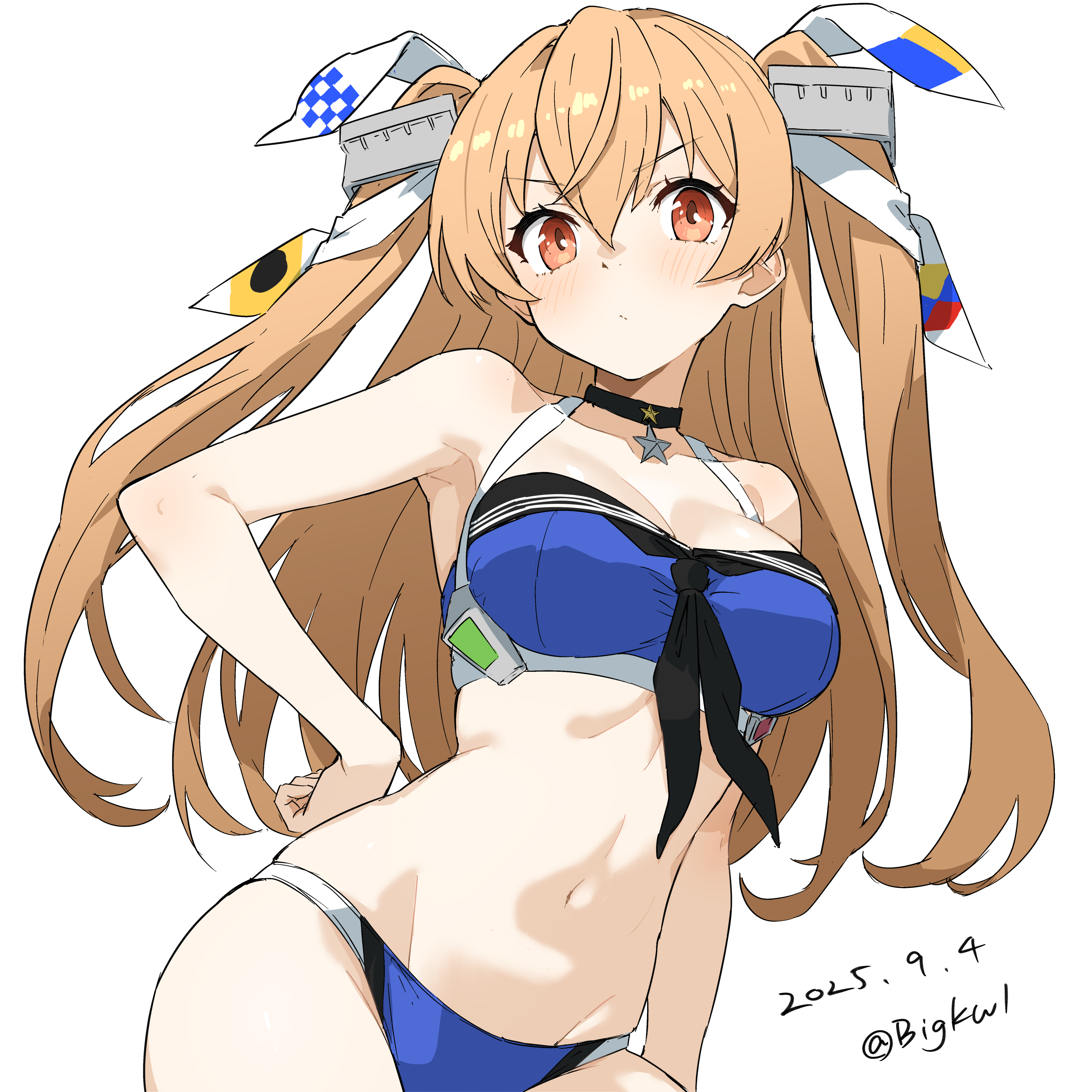 bigkwl, johnston (kancolle), kantai collection, absurdres, highres, 1girl, armpits, bikini, black choker, blonde hair, blue bikini, blush, breasts, brown eyes, choker, cleavage, collarbone, hand on own hip, long hair, looking at viewer, medium breasts, navel, one side up, skindentation, solo, standing, stomach, swimsuit, twintails, very long hair, white background