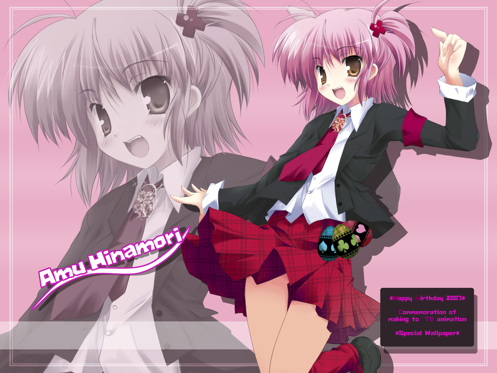 amu hinamori, hinamori amu, shugo chara!, highres, blush, egg, flat chest, jewelry, necktie, pink hair, school uniform, serafuku, shoes, short hair, skirt, socks, solo