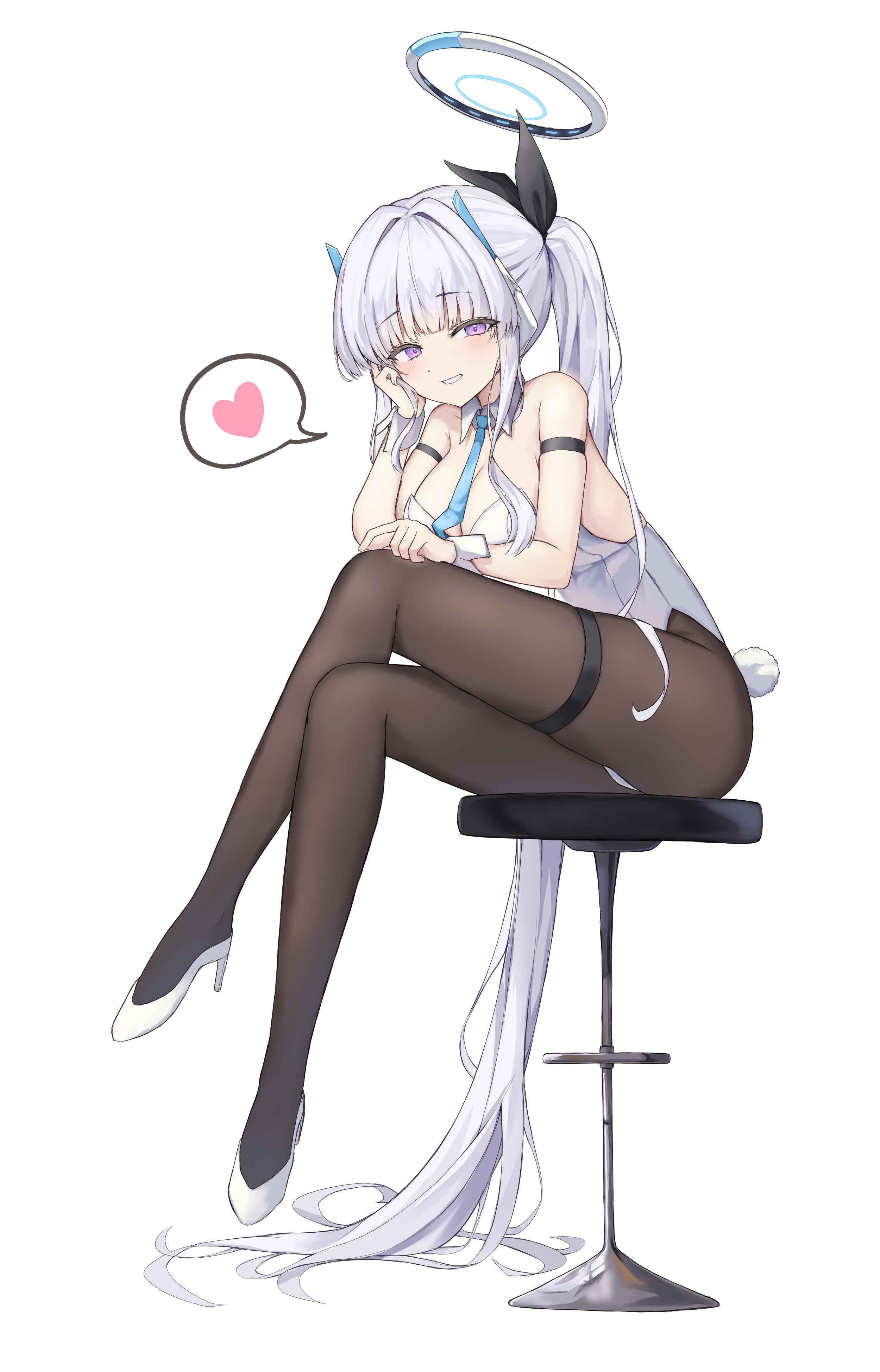 hamu (hvmzld123), noa (blue archive), blue archive, absurdres, highres, 1girl, absurdly long hair, arm strap, black bow, black pantyhose, blue necktie, bow, breasts, cleavage, collar, detached collar, dot nose, fake tail, full body, grey hair, grin, hair bow, hair intakes, halo, hand on own leg, hand rest, heart, high heels, large breasts, leotard, long hair, looking at viewer, mechanical halo, necktie, on stool, pantyhose, ponytail, pumps, purple eyes, rabbit tail, shirt, simple background, sitting, skindentation, smile, solo, spoken heart, tail, thigh strap, tsurime, very long hair, white background, white collar, white leotard, white shirt, wing collar