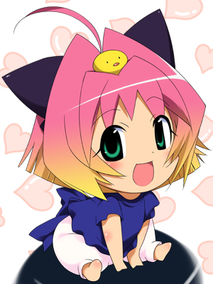 mizuki makoto, potemayo (character), potemayo, lowres, 00s, ahoge, animal ears, baby animal, bird, cat ears, chibi, chick, gradient hair, multicolored hair, short hair, sitting, solo