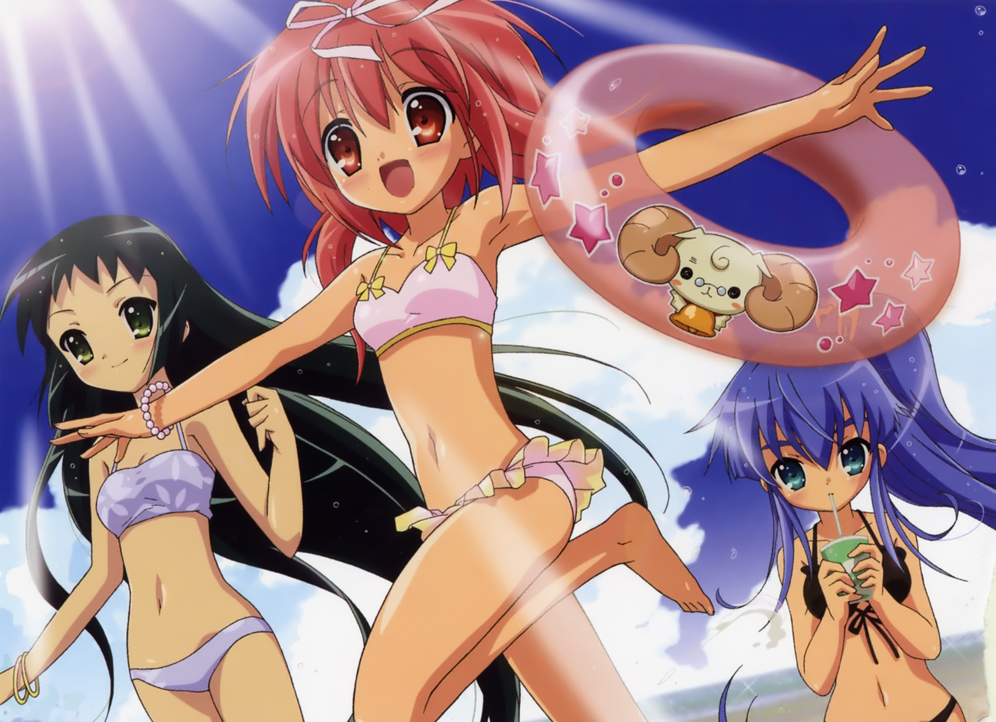ito noizi, akihime sumomo, prima aspallas, yaeno nadeshiko, yuuki nona, nanatsuiro drops, highres, scan, 00s, 3girls, bikini, blush, day, long hair, multiple girls, short hair, swimsuit