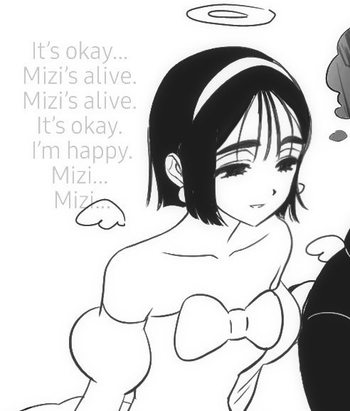sua (alien stage), alien stage, 1girl, bare shoulders, bob cut, chest bow, english text, greyscale, hairband, halo, lubya, mini wings, monochrome, short hair, smile, wings