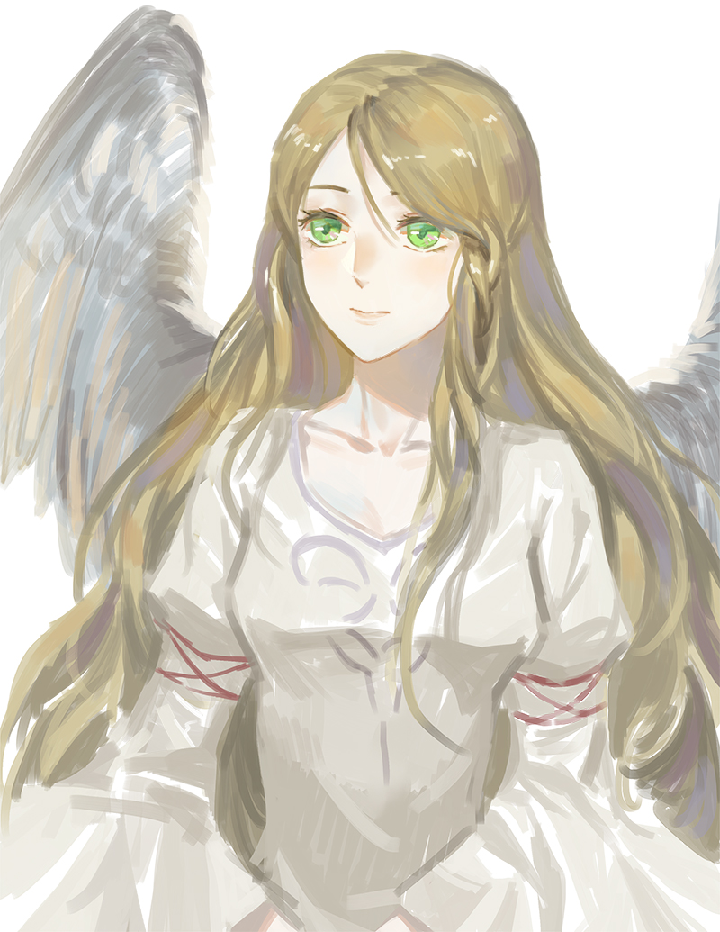 novice (o novice), leanne (fire emblem), fire emblem, fire emblem: path of radiance, nintendo, commentary, 1girl, blonde hair, closed mouth, dress, feathered wings, green eyes, long hair, simple background, solo, upper body, white dress, wings