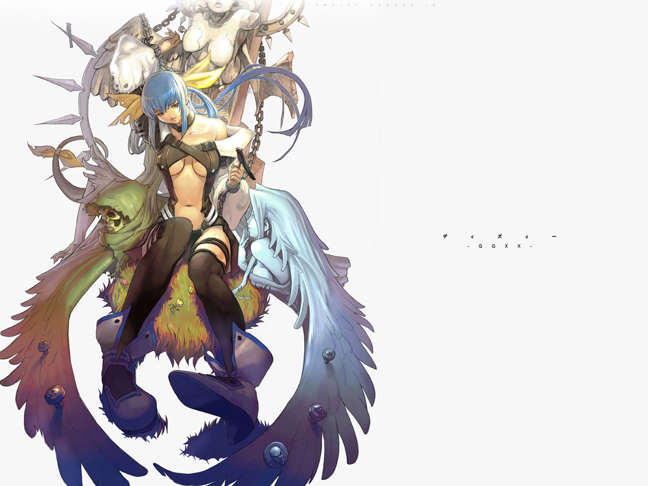nekkeau, dizzy (guilty gear), necro (guilty gear), undine (guilty gear), arc system works, guilty gear, guilty gear x, guilty gear xx, 1girl, asymmetrical wings, blue hair, bow, chain, female focus, foreshortening, hair bow, long hair, midriff, ribbon, sitting, solo, tail, tail ornament, tail ribbon, thighhighs, wings