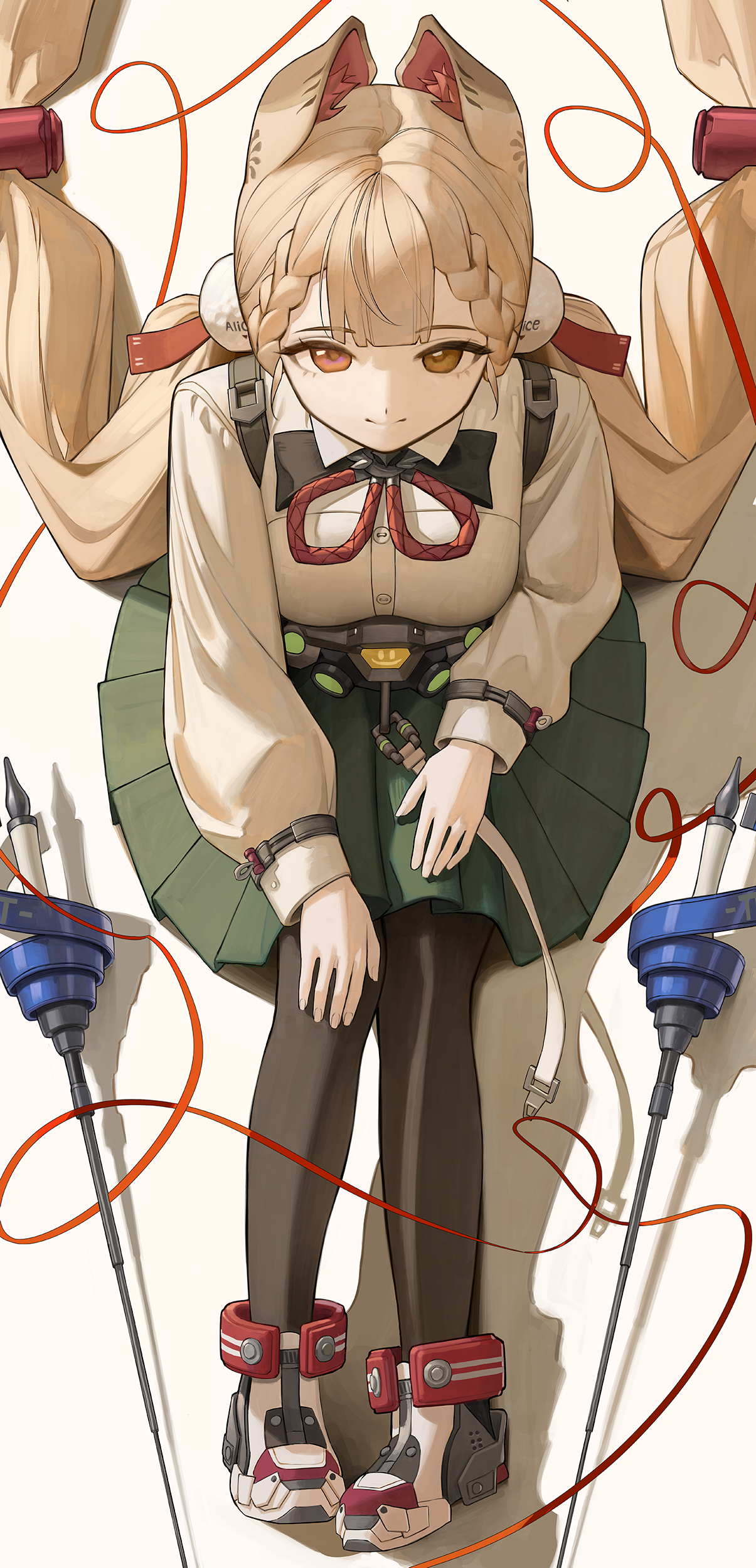 komodo, alice thymefield, zenless zone zero, absurdres, commentary, english commentary, highres, 1girl, animal ears, black gloves, black pantyhose, blonde hair, braid, closed mouth, collared shirt, fingerless gloves, from above, gloves, green skirt, heterochromia, long hair, long sleeves, looking at viewer, low twintails, pantyhose, rabbit ears, rabbit girl, red eyes, shadow, shirt, simple background, sitting, skirt, smile, twintails, very long hair, white background, white shirt, yellow eyes
