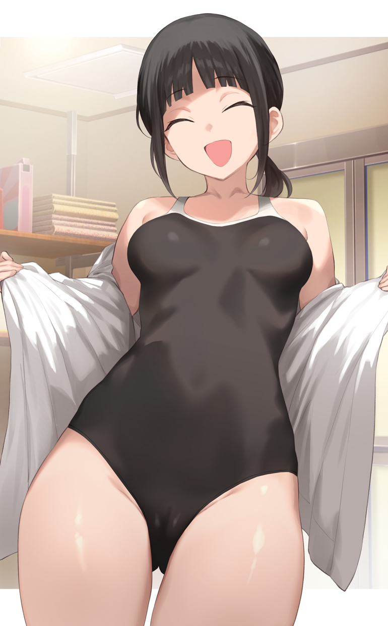 serizawa (serizawaroom), sakura mutsuko, major 2nd, commentary request, highres, 1girl, :d, black hair, black one-piece swimsuit, breasts, ceiling, closed eyes, collarbone, happy, indoors, letterboxed, one-piece swimsuit, open mouth, shelf, shirt, small breasts, smile, solo, standing, swimsuit, thighs, white shirt