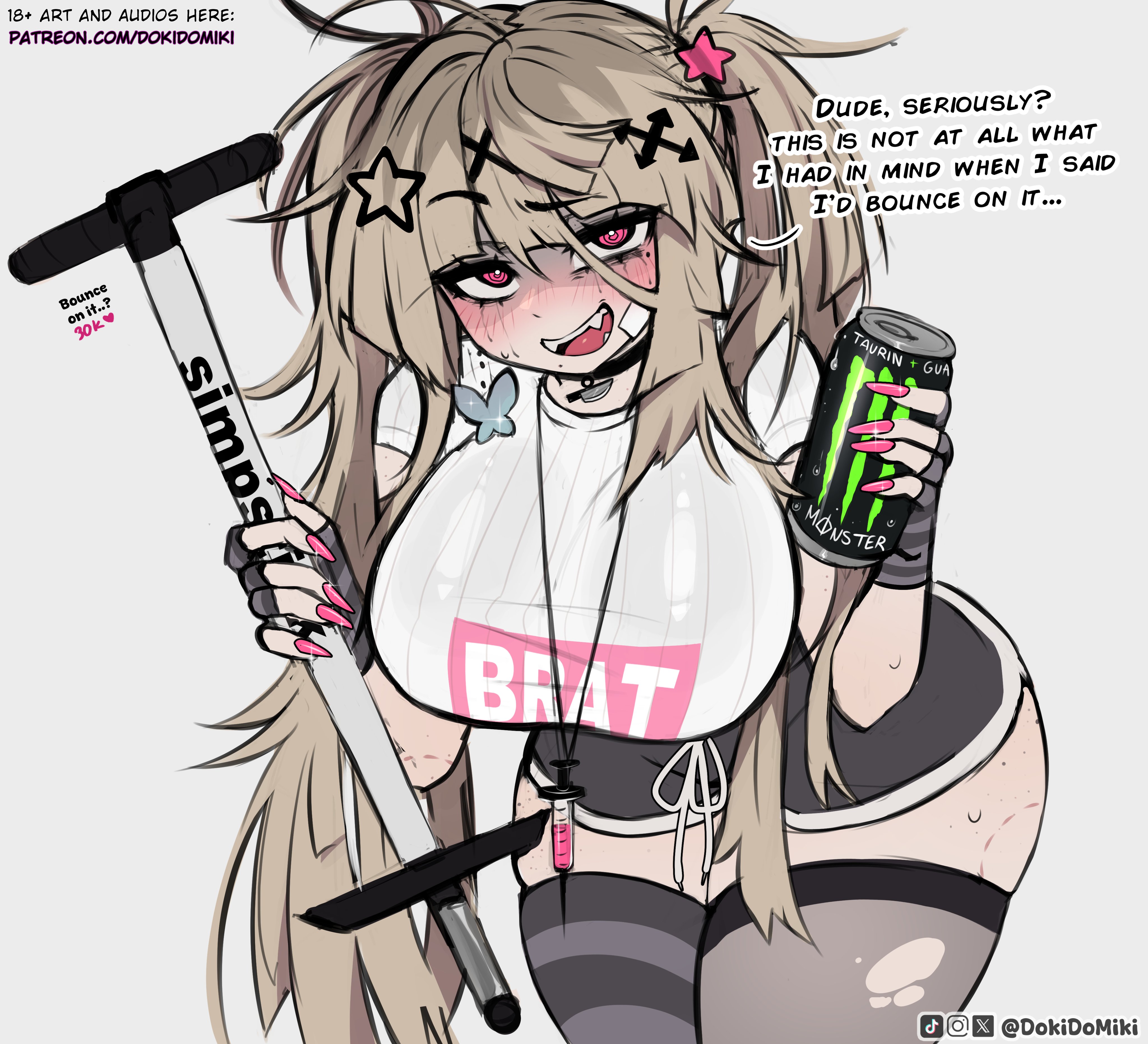 dokidomiki, miki (dokidomiki), monster energy, original, absurdres, commentary, english commentary, highres, 1girl, asymmetrical legwear, bite mark, bite mark on leg, bite mark on thigh, black choker, black gloves, black shorts, black thighhighs, blonde hair, blush, breasts, bright pupils, butterfly earrings, can, choker, clothes writing, cowboy shot, dolphin shorts, drink can, earrings, english text, fingerless gloves, fingernails, gauze, gauze on cheek, gauze on face, gloves, hair between eyes, hair ornament, holding, holding can, holding pogo stick, instagram logo, jewelry, large breasts, leaning forward, long fingernails, long hair, looking at viewer, makeup, messy hair, mismatched legwear, nail polish, open mouth, patreon username, pink eyes, pink nails, pogo stick, runny makeup, shirt, short shorts, short sleeves, shorts, simple background, skindentation, smile, solo, star (symbol), star hair ornament, striped clothes, striped gloves, striped thighhighs, sweat, syringe necklace, talking, thick thighs, thighhighs, thighs, tiktok logo, torn clothes, torn thighhighs, twitter username, twitter x logo, uneven bangs, very long hair, white background, white pupils, white shirt, x hair ornament