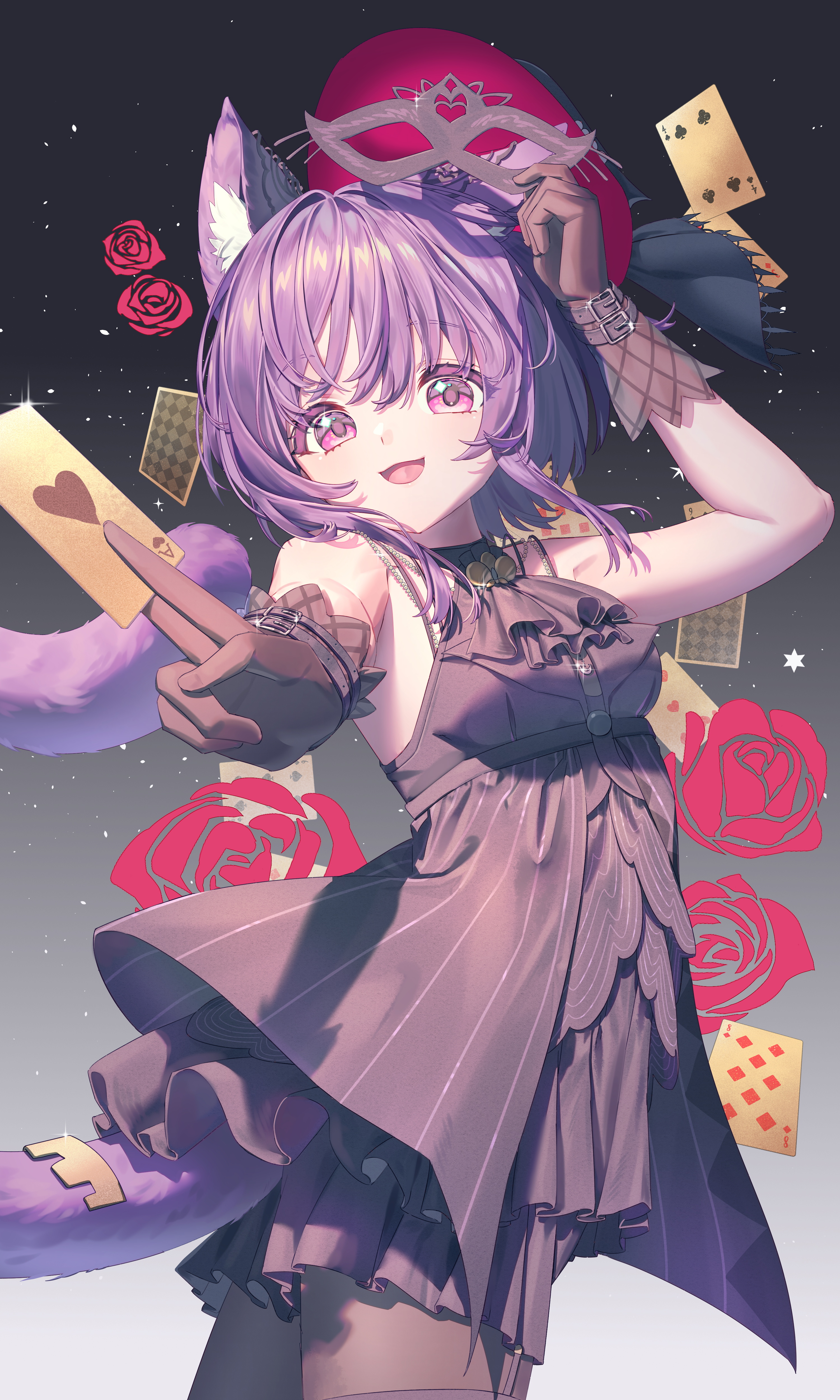 yuutenji nyamu, arknights, bang dream!, bang dream! it's mygo!!!!!, absurdres, chinese commentary, commentary request, highres, 1girl, :d, animal ear fluff, animal ears, ascot, bare shoulders, between fingers, black ascot, black dress, black gloves, black hat, black pantyhose, breasts, card, card between fingers, cat ears, cat girl, cat tail, cowboy shot, dress, eye mask, floral background, flower, gloves, gradient background, hands up, hat, holding, holding card, holding mask, kemonomimi mode, looking at viewer, luo xiansheng mr loky, mask, medium breasts, open mouth, pantyhose, playing card, purple eyes, purple hair, rose, short hair, sleeveless, sleeveless dress, smile, solo, standing, tail, yuutenji nyamu (magician of passion)