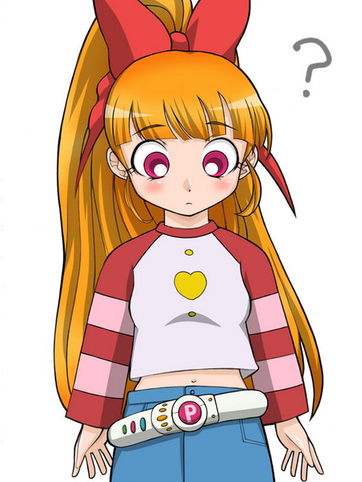 akazutsumi momoko, powerpuff girls, powerpuff girls z, 00s, 1girl, blush, bow, female focus, long hair, midriff, red eyes, red hair, solo