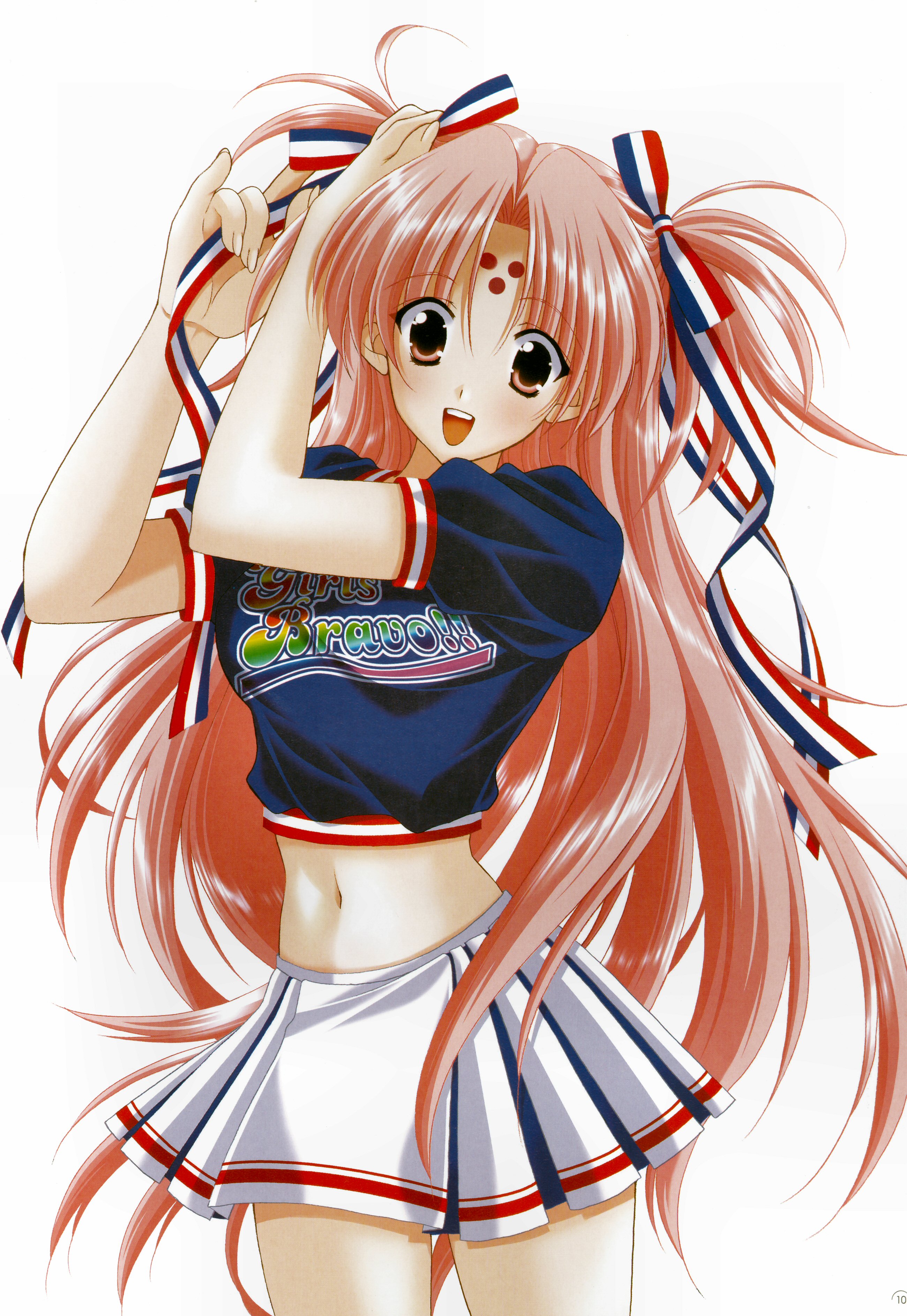 miharu sena kanaka, girls bravo, absurdres, highres, 00s, blush, bow, cheerleader, long hair, midriff, red eyes, red hair, skirt