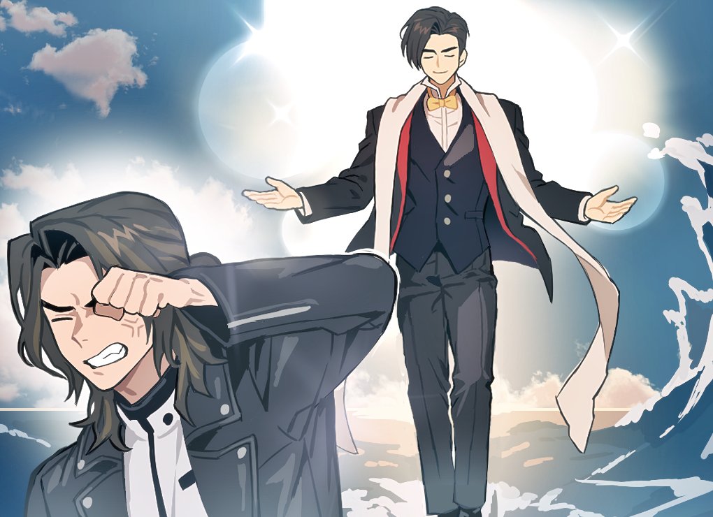 azuma michinaga, ukiyo ace, kamen rider, kamen rider geats (series), 2boys, black hair, black jacket, black pants, blue sky, bow, bowtie, brown hair, closed eyes, covering own eyes, formal clothes, jacket, leather, leather jacket, male focus, msk love 0, multiple boys, ocean, pants, scarf, shirt, short hair, sky, sleeve zipper, sunlight, vest, water, white shirt