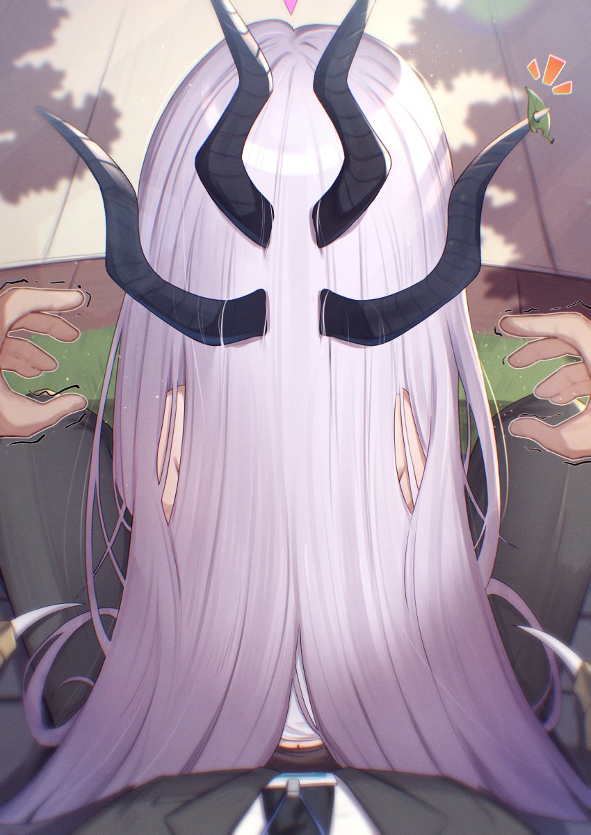 uneg, hina (blue archive), sensei (blue archive), blue archive, highres, 1boy, 1girl, ass, back, day, demon girl, demon horns, halo, horns, long hair, outdoors, sitting, very long hair, white hair