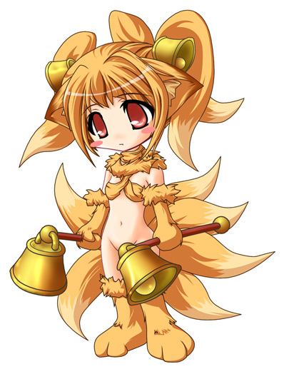 moonlight flower, ragnarok online, animal ears, bell, blonde hair, brown eyes, flat chest, fox ears, game, gloves, hat, loli, no panties, short hair, tail, thighhighs