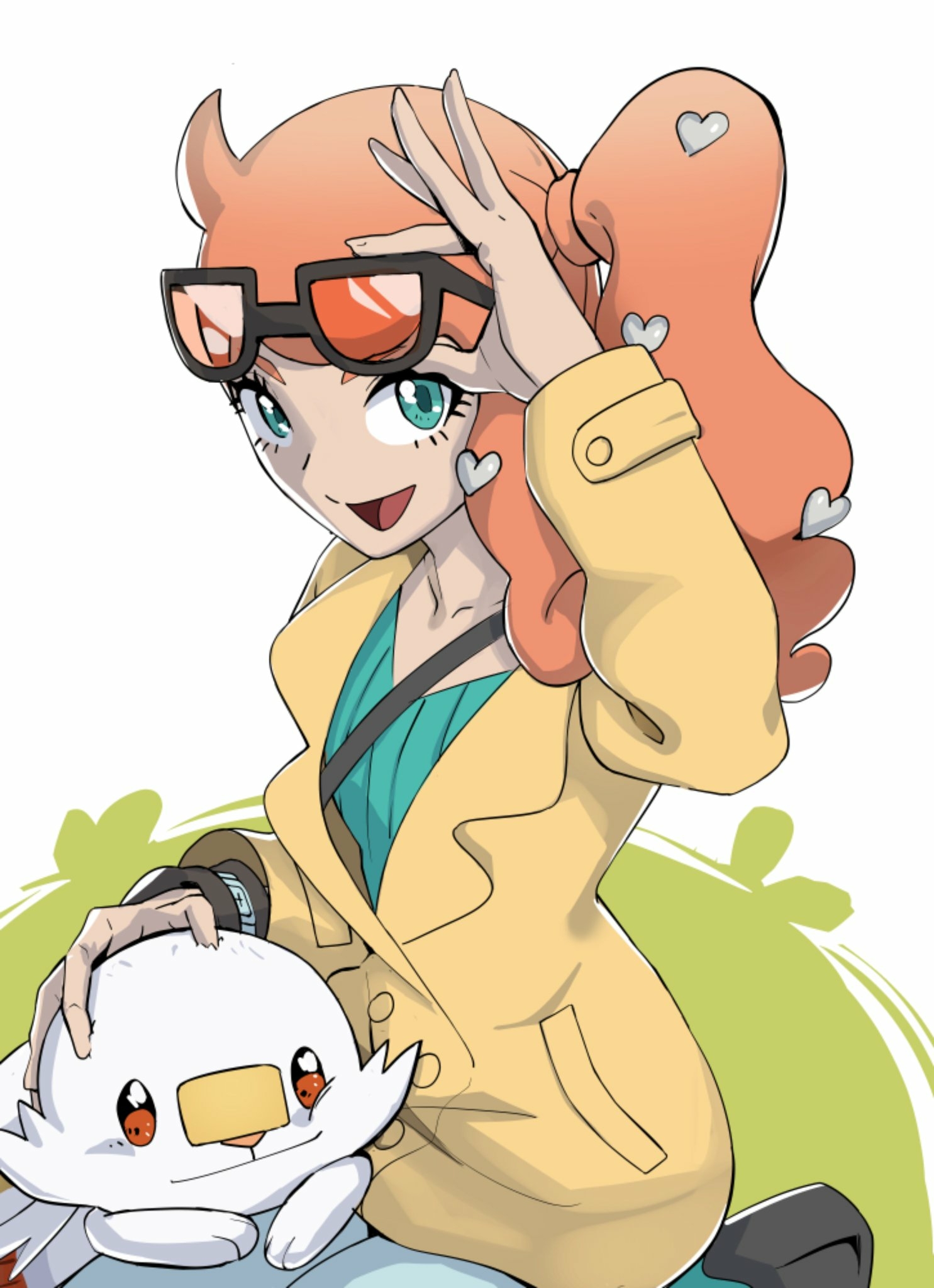 scorbunny, sonia (pokemon), nintendo, pokemon, pokemon swsh, highres, 1girl, adjusting eyewear, aqua boots, aqua eyes, aqua shirt, black-framed eyewear, boots, breasts, brown coat, coat, collarbone, denim, eyewear on head, gen 8 pokemon, hair ornament, hand up, heart, heart hair ornament, jeans, open mouth, orange-tinted eyewear, orange hair, pants, pokemon (creature), rabbit, ribbed shirt, shirt, side ponytail, smile, sunglasses, swept bangs, tinted eyewear, v-neck, wavy hair, white fur, zen sketches