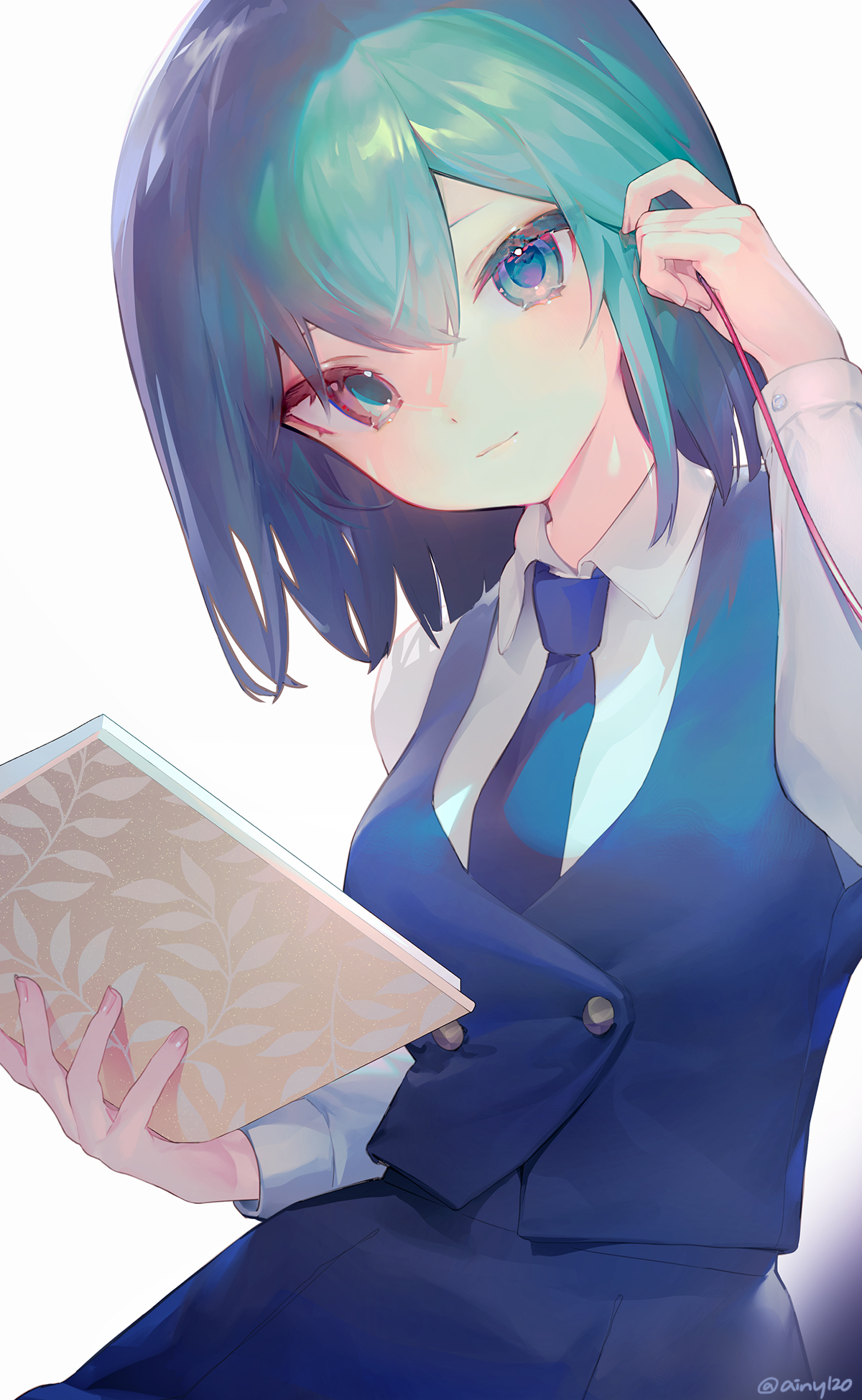 ainy, original, commentary request, highres, 1girl, blue eyes, blue necktie, blue skirt, blue vest, book, closed mouth, collared shirt, double-parted bangs, green hair, hand up, holding, holding book, long sleeves, looking at viewer, necktie, shirt, short hair, simple background, skirt, solo, twitter username, upper body, vest, white background, white shirt