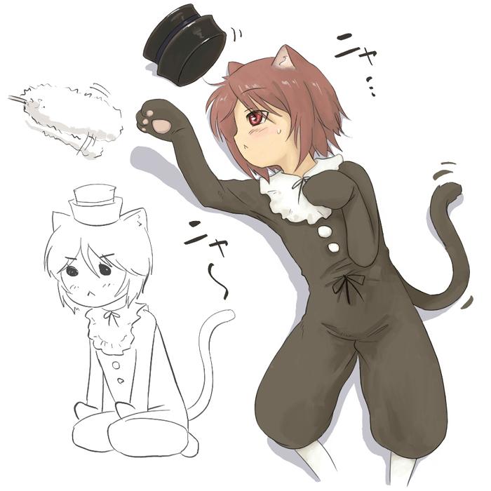 souseiseki, rozen maiden, 00s, animal ears, blush, bow, brown hair, cat ears, cat tail, hat, red eyes, short hair, tail, typha