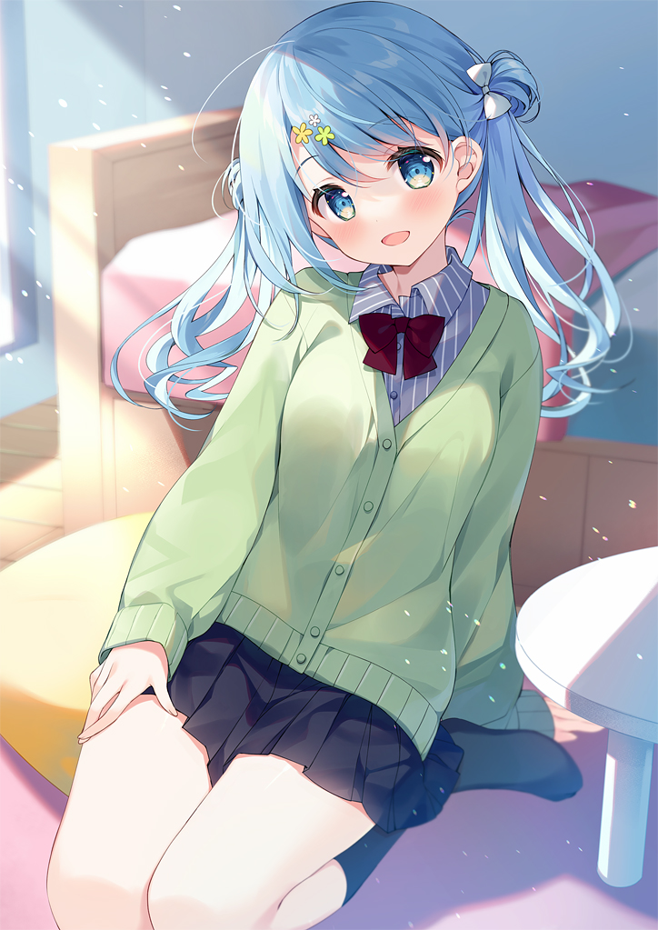 suimya, sesera (suimya), original, commentary request, 1girl, :d, arm support, bed, black skirt, black socks, blue eyes, blue hair, blush, bow, bowtie, breasts, cardigan, collared shirt, day, dress shirt, flower, full body, green cardigan, hair bow, hair ornament, hairclip, hand on own thigh, head tilt, indoors, kneehighs, light particles, long hair, long sleeves, looking at viewer, medium breasts, miniskirt, no shoes, open mouth, pillow, pleated skirt, red bow, red bowtie, shirt, sitting, skirt, sleeves past wrists, smile, socks, solo, striped clothes, striped shirt, sunlight, table, thighs, twintails, vertical-striped clothes, vertical-striped shirt, wariza, white bow, wooden floor, yellow flower