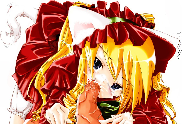 shinku, rozen maiden, 00s, 1boy, 1girl, animal ears, blonde hair, blue eyes, blush, cat ears, cum, doll, dress, fellatio, hat, hetero, lolita fashion, long hair, oral, penis, tail, text focus, twintails, uncensored