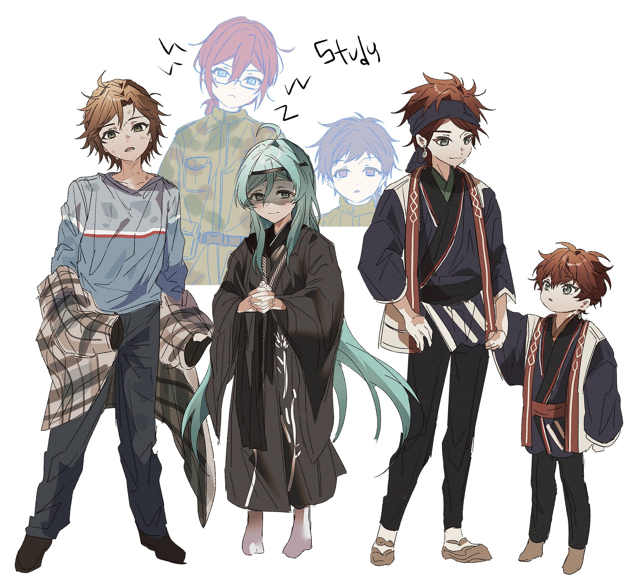 amagi hiiro, amagi rinne, fushimi yuzuru, mikejima madara, saegusa ibara, shinkai kanata, ensemble stars!, highres, 6+boys, ahoge, ainu clothes, aqua hair, black pants, black veil, brown hair, camouflage, camouflage jacket, full body, hair between eyes, hand grab, headband, jacket, long hair, long sleeves, looking at another, male focus, matsuri don, multiple boys, pants, plaid clothes, plaid jacket, red hair, see-through clothes, see-through veil, short hair, simple background, veil, very long hair, white background