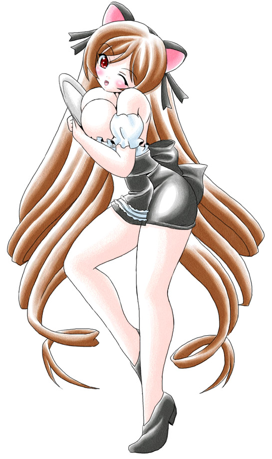 suiseiseki, rozen maiden, 00s, 1girl, animal ears, bent over, blush, breasts, brown hair, cat ears, female focus, full body, high heels, long hair, red eyes, shoes, simple background, skirt, solo, standing, twintails, waitress, white background