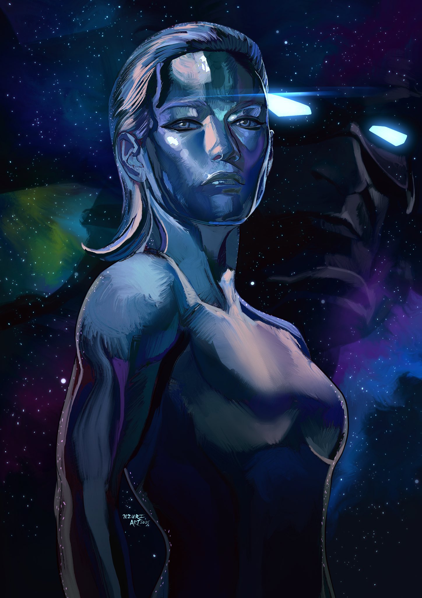 uzuri art, galactus, silver surfer, fantastic four, marvel, the fantastic four: first steps, highres, 1boy, 1girl, armor, breasts, colored skin, giant, helmet, horns, long hair, looking at viewer, metal skin, shalla-bal, silver skin, sky, solo focus, space, star (sky), surfboard