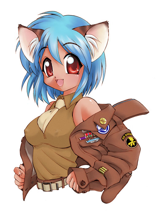 ebifly, 1girl, animal ears, army, belt, blue hair, breasts, cat ears, covered erect nipples, dark-skinned female, dark skin, fang, female focus, jacket, large breasts, medium breasts, necktie, red eyes, short hair, smile, solo, tan