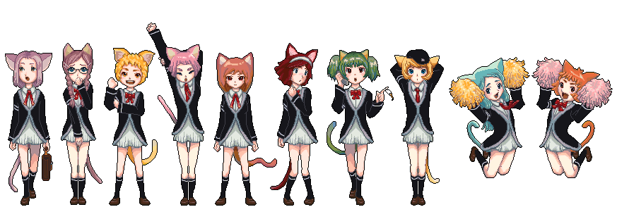 animal ears, black eyes, blonde hair, blue eyes, blue hair, bow, braid, brown eyes, brown hair, cat ears, cheerleader, glasses, green hair, hat, kneehighs, long hair, necktie, phone, pink hair, plait, purple hair, red eyes, red hair, school uniform, serafuku, shirt, short hair, skirt, socks, twintails, white shirt, yellow eyes