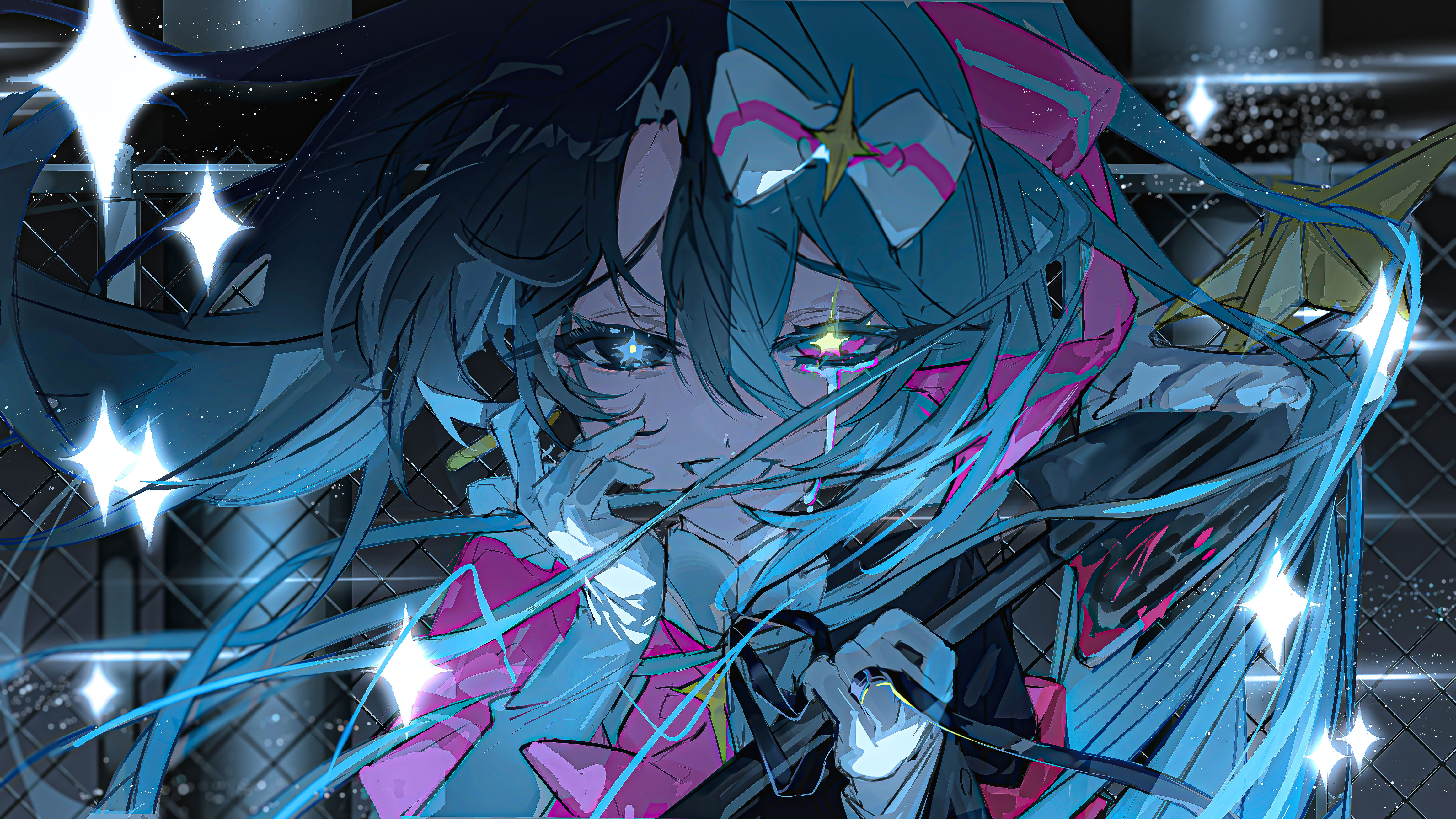matofu, hatsune miku, vocaloid, absurdres, commentary, highres, symbol-only commentary, 1girl, aqua eyes, aqua hair, black eyes, black hair, blue eyes, bow, bowtie, diamond (shape), dress, floating hair, gloves, hands on own face, ima sugu rinne (vocaloid), long hair, looking at viewer, pink bow, pink bowtie, pink dress, pink ribbon, ribbon, smile, solo, spade (shape), star (symbol), twintails, very long hair, white gloves