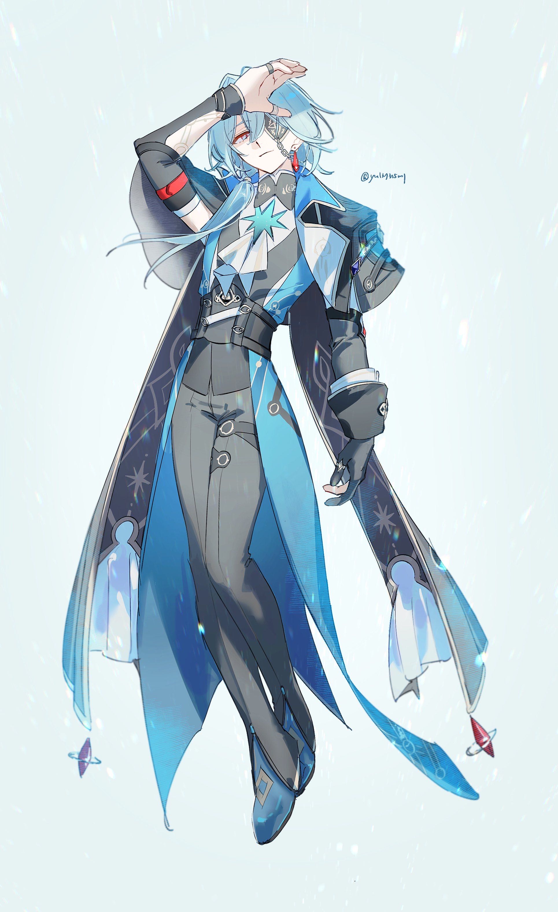 anaxa (honkai: star rail), honkai: star rail, honkai (series), absurdres, highres, 100513myul, 1boy, aqua background, aqua hair, arm up, black jacket, chain, closed mouth, earrings, eyepatch, full body, gem, hair between eyes, hair intakes, jacket, jewelry, lapels, male focus, mandarin collar, medium hair, notched lapels, one eye covered, red gemstone, shirt, side ponytail, simple background, single earring, solo, white shirt