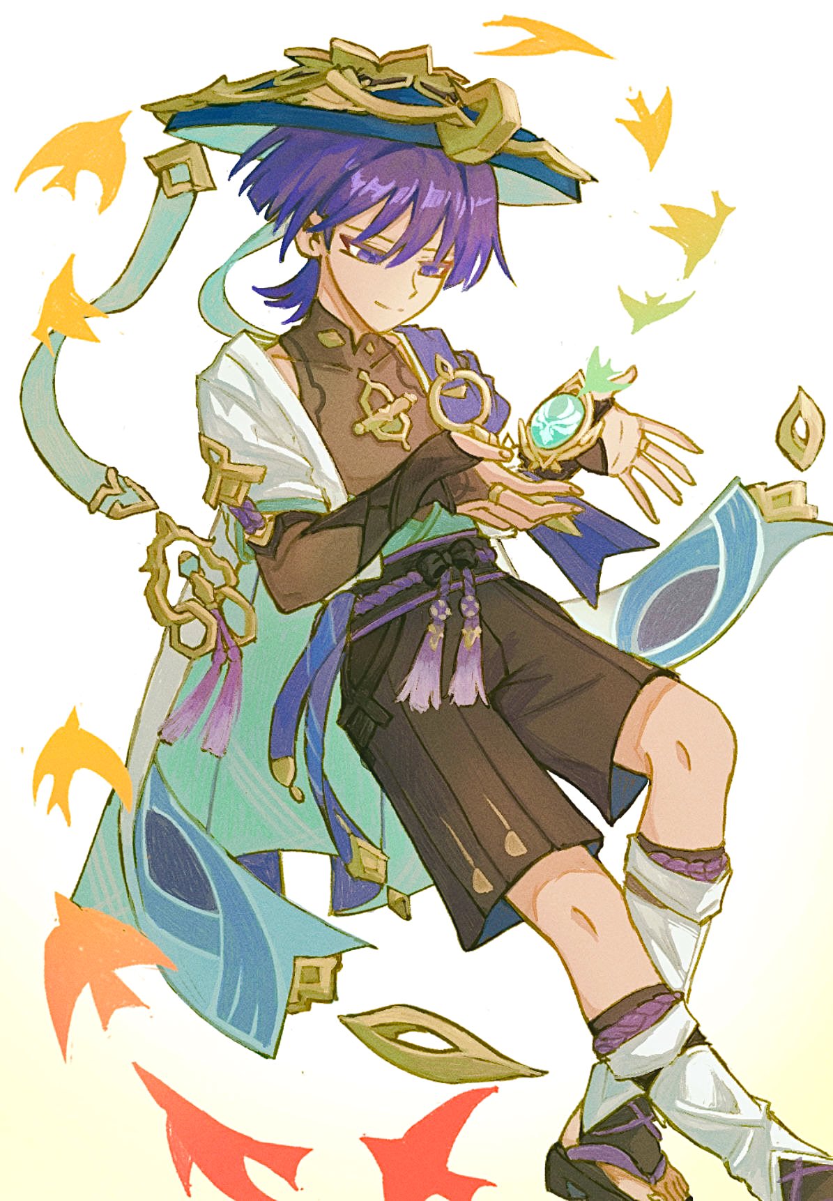 nonoji (nonoji ekaki), scaramouche (genshin impact), wanderer (genshin impact), genshin impact, highres, 1boy, anemo symbol (genshin impact), belt, black belt, black bodysuit, black bow, black bridal gauntlets, black sandals, black shorts, blue gemstone, blue hat, blue kimono, blue sleeves, blunt ends, bodysuit, bow, bridal gauntlets, bridal legwear, cape, closed mouth, covered collarbone, fingernails, furisode, gem, gold, gold ring, hakama, hakama shorts, hands up, hat, japanese clothes, jingasa, juban, kimono, layered sleeves, leg warmers, looking at object, looking down, male focus, mandarin collar, middle ring, open clothes, open hands, open kimono, pleated shorts, purple cape, purple eyes, purple hair, purple rope, purple sash, rope, sandals, sash, short sleeves, shorts, shoulder peek, smile, solo, split mouth, stirrup legwear, tassel, toeless legwear, toes, tsurime, vision (genshin impact), white background, white kimono, white leg warmers, white sleeves, zouri