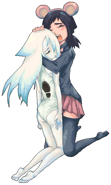 animal ears, black hair, blue hair, long hair, mouse ears, short hair, skirt, thighhighs, white hair