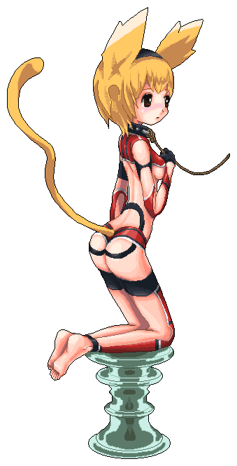 animal ears, barefoot, blonde hair, breasts, brown eyes, cat ears, collar, gloves, leash, rope, short hair, tattoo, underboob