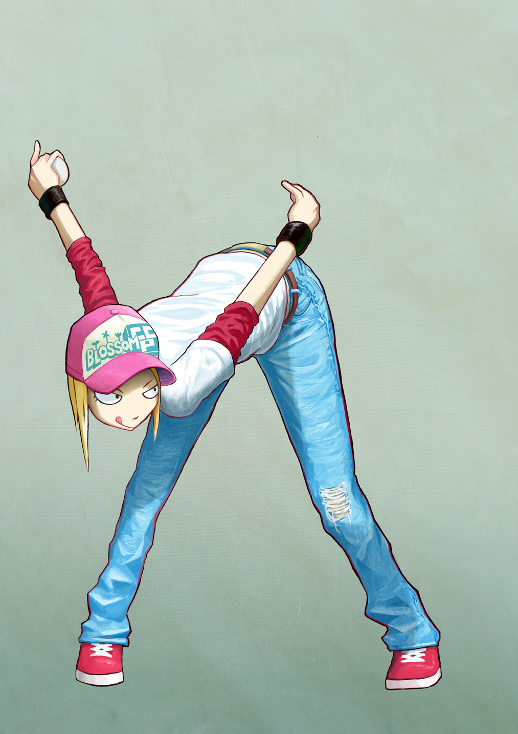 original, highres, 1girl, :p, atmosku, baseball, baseball cap, belt, bent over, black eyes, brown belt, brown hair, denim, english text, eyelashes, gradient background, green background, grey background, hat, jeans, layered sleeves, long sleeves, pants, pink hat, red shoes, shirt, shoes, short over long sleeves, short sleeves, sleeves rolled up, solo, t-shirt, tongue, tongue out, torn clothes, torn jeans, torn pants, v-shaped eyebrows, white shirt, wristband