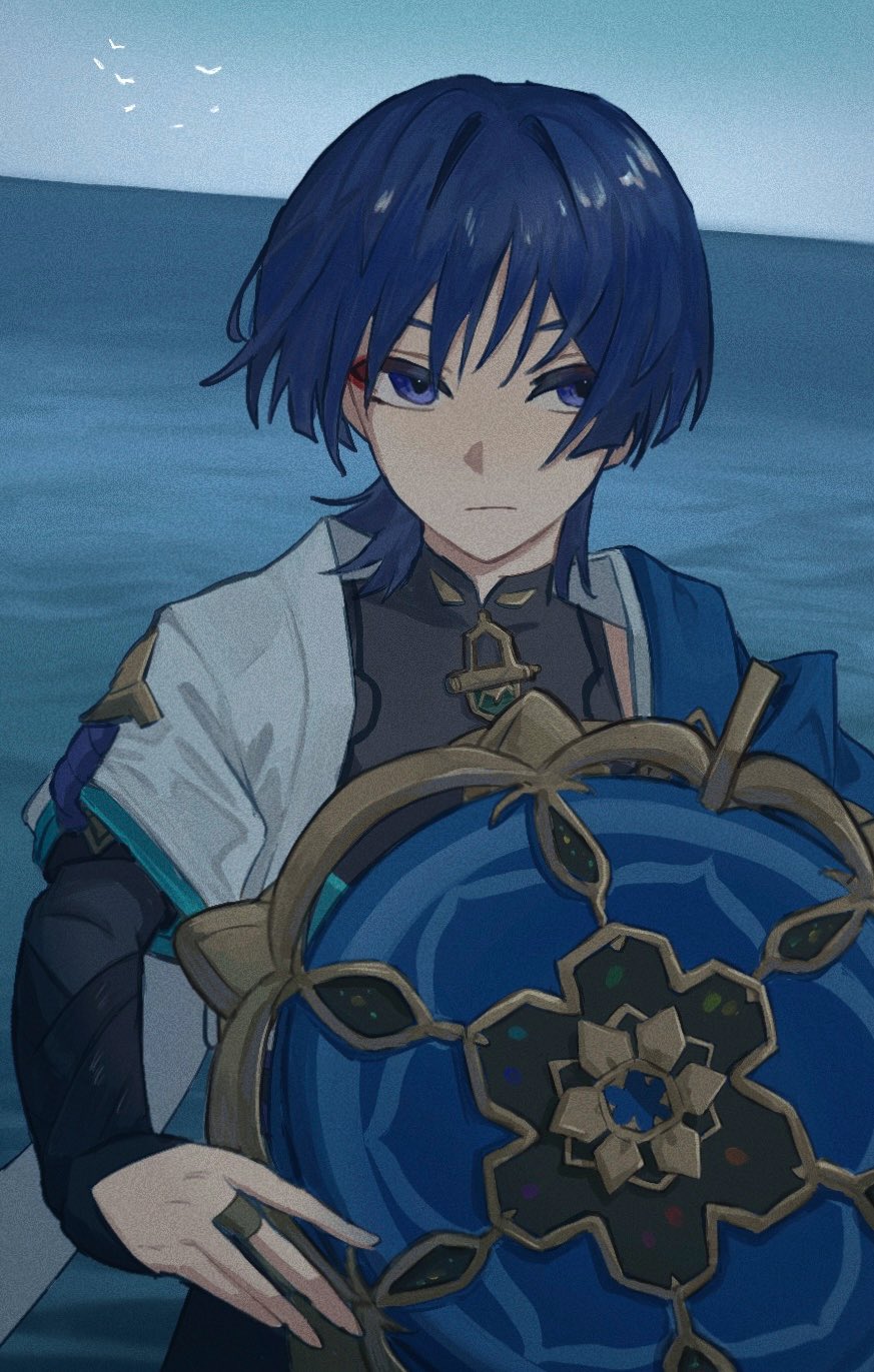 nonoji (nonoji ekaki), scaramouche (genshin impact), wanderer (genshin impact), genshin impact, highres, 1boy, armor, bird, black bodysuit, black bridal gauntlets, blue cape, blue hair, blue hat, blue sky, blue sleeves, blunt ends, bodysuit, bridal gauntlets, bright pupils, cape, clear sky, closed mouth, constricted pupils, eyeliner, eyeshadow, fingernails, flock, gold, gold ring, hair intakes, hat, holding, holding unworn clothes, holding unworn hat, japanese armor, japanese clothes, jingasa, kimono, kote, kurokote, layered sleeves, looking at viewer, makeup, male focus, mandala, mandarin collar, middle ring, ocean, open clothes, open kimono, purple eyes, purple rope, red eyeliner, red eyeshadow, rope, short sleeves, shoulder peek, sky, solo, unworn hat, unworn headwear, upper body, white kimono, white pupils, white sleeves