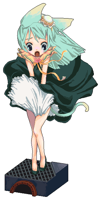animal ears, black eyes, blue eyes, blush, bow, cat ears, dress, green hair, hat, ribbon, school uniform, serafuku