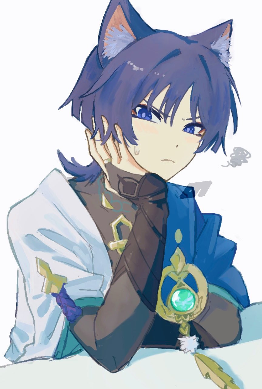 nonoji (nonoji ekaki), scaramouche (genshin impact), wanderer (genshin impact), genshin impact, highres, 1boy, animal ear fluff, animal ears, aqua gemstone, aqua sleeves, arm rest, armor, black bodysuit, black bridal gauntlets, blue cape, blunt ends, bodysuit, bridal gauntlets, cape, cat boy, cat ears, closed mouth, covered collarbone, elbow rest, eyeliner, eyeshadow, feathers, frown, furrowed brow, gem, gold ring, grey pupils, hand in own hair, hand on own cheek, hand on own face, japanese armor, japanese clothes, kimono, kote, kurokote, layered sleeves, looking at viewer, makeup, male focus, middle ring, open hand, pom pom (clothes), purple eyes, purple hair, red eyeliner, red eyeshadow, short sleeves, solo, squiggle, sweatdrop, tsurime, upper body, vision (genshin impact), white background, white kimono, white sleeves, wispy bangs, yellow feathers