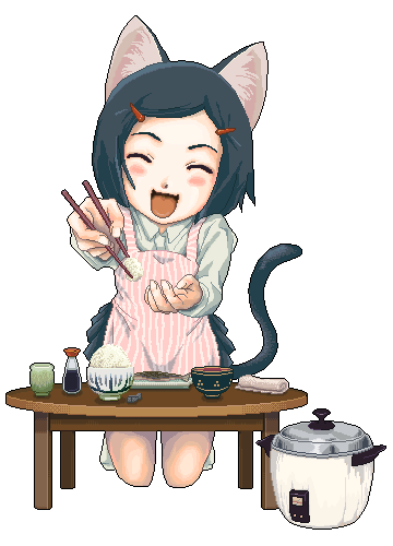 lowres, animal ears, apron, black hair, blue hair, blush, cat ears, food, shirt, short hair, skirt, white shirt