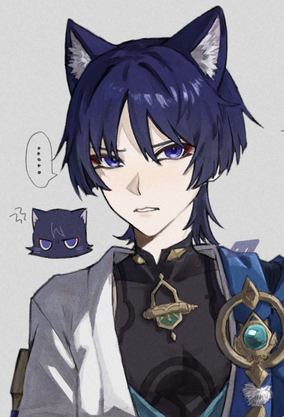 nonoji (nonoji ekaki), scaramouche (cat) (genshin impact), scaramouche (genshin impact), wanderer (genshin impact), genshin impact, highres, …, 1boy, animal ear fluff, animal ears, animalization, aqua gemstone, black bodysuit, blue cape, blue kimono, blunt ends, bodysuit, bright pupils, cape, cat boy, cat ears, constricted pupils, covered collarbone, eyeliner, eyeshadow, gem, grey background, japanese clothes, juban, kimono, looking at viewer, makeup, male focus, mandarin collar, open clothes, open kimono, pale skin, person and animalization, pom pom (clothes), portrait, purple eyes, purple hair, red eyeliner, red eyeshadow, shoulder peek, solo, spoken ellipsis, tsurime, white kimono, white pupils, white sleeves, wispy bangs