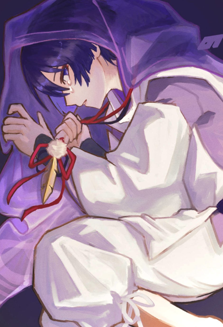 nonoji (nonoji ekaki), scaramouche (genshin impact), scaramouche (kabukimono) (genshin impact), genshin impact, highres, 1boy, armor, bright pupils, clenched hand, clothing cutout, crying, crying with eyes open, curled fingers, eyeliner, eyeshadow, feathers, fetal position, from side, holding, holding string, japanese armor, kote, kurokote, long sleeves, looking at viewer, makeup, male focus, pants, parted lips, pelvic curtain, pom pom (clothes), purple background, purple eyes, purple hair, red eyeliner, red eyeshadow, side cutout, solo, string, tears, tsurime, white mouth, white pants, white pupils, white sleeves, yellow feathers