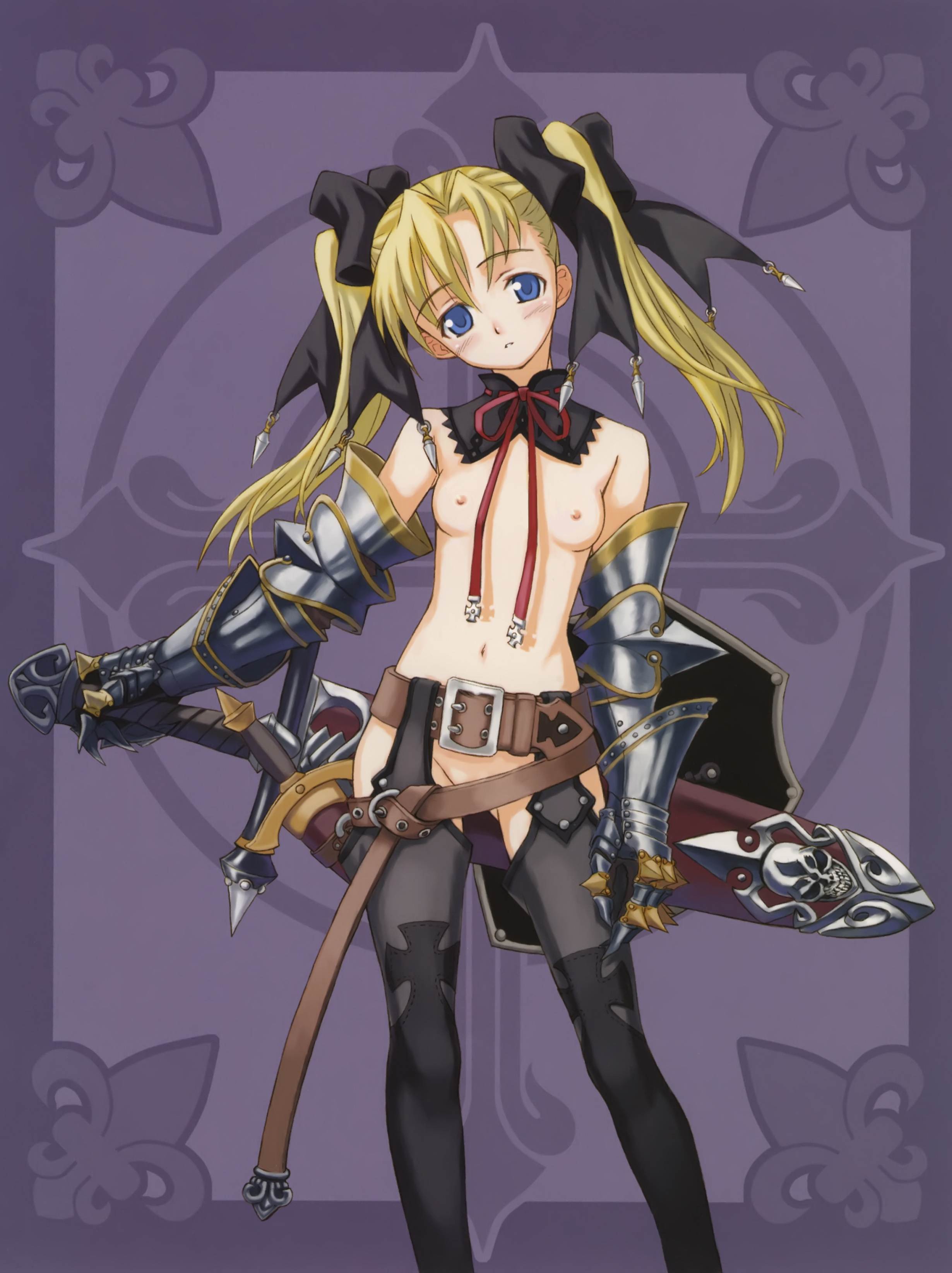 girls museum, absurdres, artist request, highres, 1girl, armor, belt, blonde hair, blue eyes, blush, bow, breasts, censored, convenient censoring, elbow gloves, gloves, long hair, no panties, small breasts, sword, thighhighs, twintails, weapon