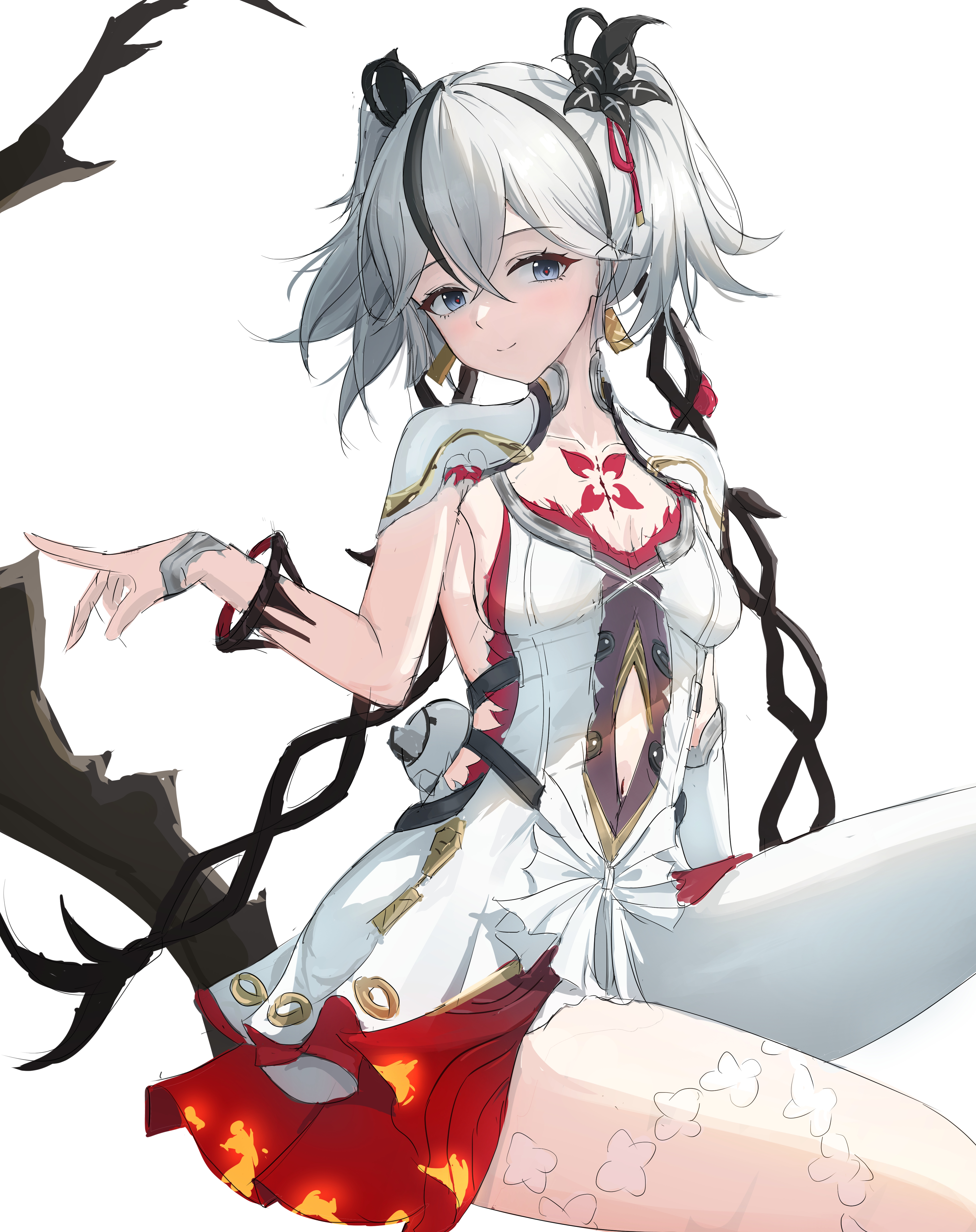luoboko, camellya (wuthering waves), wuthering waves, absurdres, commentary, highres, 1girl, black eyes, black flower, blake bloom (wuthering waves), breasts, clothing cutout, collar, collarbone, dress, earrings, flower, gold earrings, hair between eyes, hair flower, hair intakes, hair ornament, hair ribbon, jewelry, looking at viewer, medium breasts, pantyhose, red pupils, red ribbon, ribbon, short hair, short twintails, simple background, single leg pantyhose, solo, stomach cutout, tacet mark (wuthering waves), twintails, white background, white collar, white dress, white hair, white pantyhose