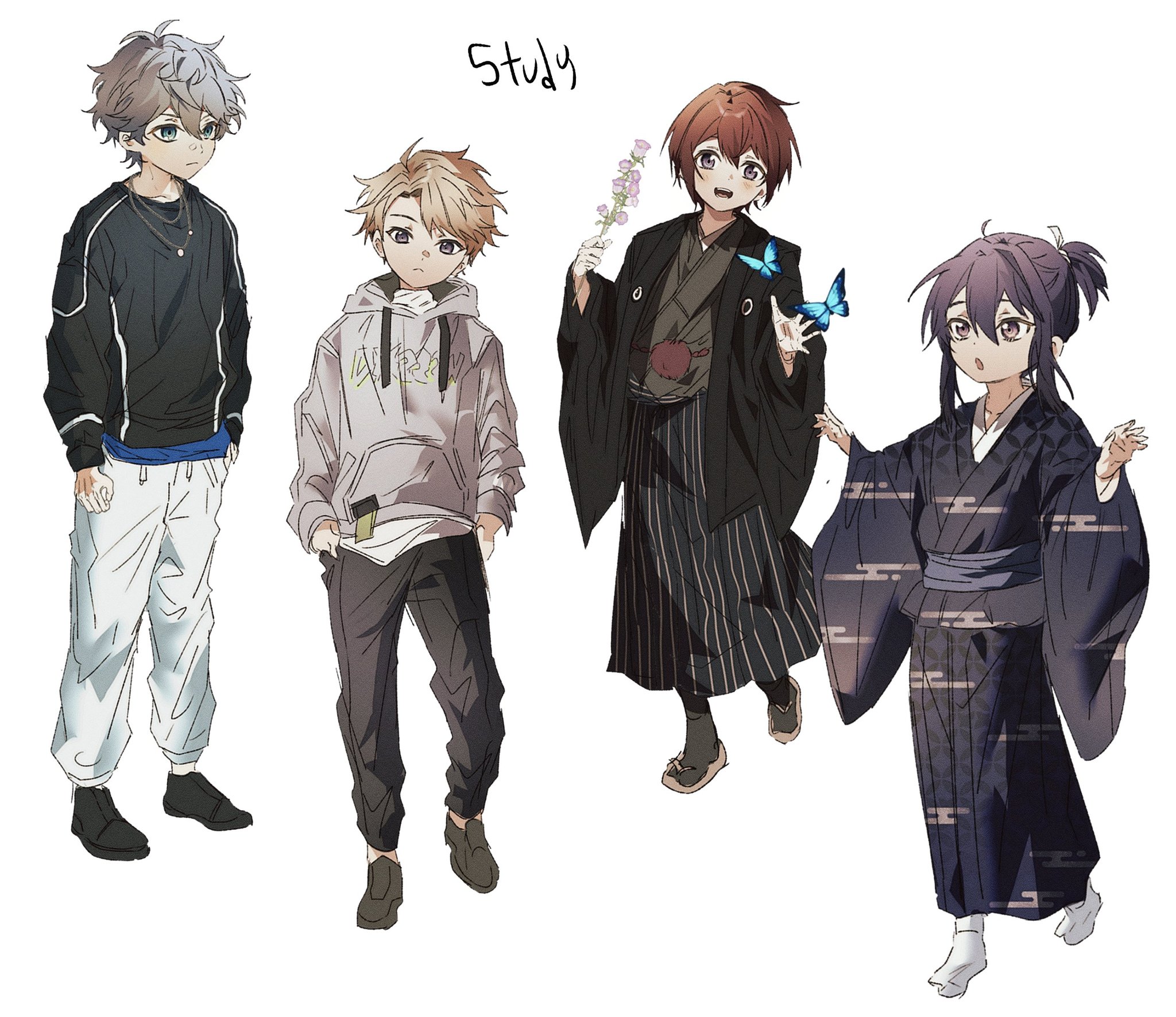 kanzaki souma, narukami arashi, sena izumi (ensemble stars!), suou tsukasa, ensemble stars!, highres, 4boys, black pants, black shirt, blonde hair, blue butterfly, bug, butterfly, closed mouth, flower, full body, grey hair, grey hoodie, hair between eyes, hands in pockets, holding, holding flower, hood, hoodie, insect, japanese clothes, kimono, long sleeves, male focus, matsuri don, multiple boys, open mouth, pants, ponytail, purple hair, red hair, shirt, short hair, short ponytail, simple background, smile, white background, white pants, wide sleeves, yukata