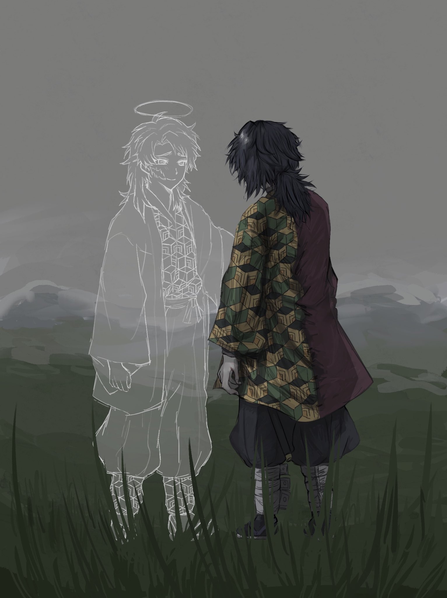 sabito (kimetsu), tomioka giyuu, kimetsu no yaiba, highres, 2boys, black hair, black pants, black socks, closed mouth, demon slayer uniform, from behind, ghost, grey sky, halo, haori, holding, holding sword, holding weapon, japanese clothes, katana, kikkoumon, low ponytail, male focus, multiple boys, n4zu7a, outdoors, pants, ponytail, print haori, puffy pants, red haori, sandals, sky, smile, socks, spiked hair, sword, weapon