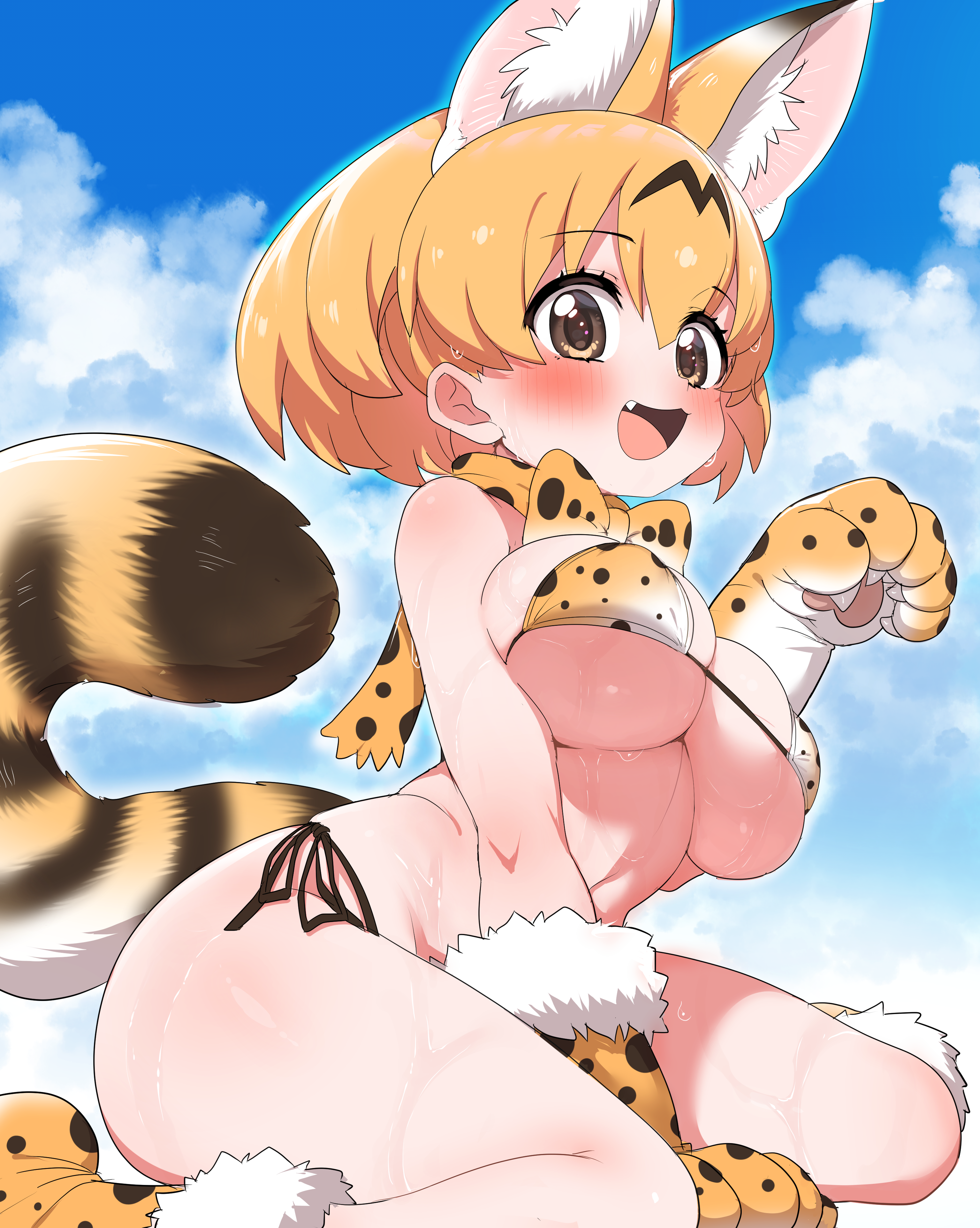 ransusan, serval (kemono friends), kemono friends, absurdres, commentary, highres, 1girl, :d, adapted costume, animal ear fluff, animal ears, animal print, bare arms, bare legs, bare shoulders, bikini, blonde hair, blue sky, blush, boots, bow, bowtie, breasts, brown eyes, claws, cleavage, cloud, extra ears, fang, fur-trimmed boots, fur-trimmed gloves, fur trim, gloves, hair between eyes, large breasts, looking at viewer, open mouth, orange bow, orange bowtie, outdoors, paw pose, print boots, print bow, print bowtie, print gloves, side-tie bikini bottom, sky, smile, solo, string bikini, striped tail, swimsuit, tail, two-tone bow, two-tone bowtie, underboob