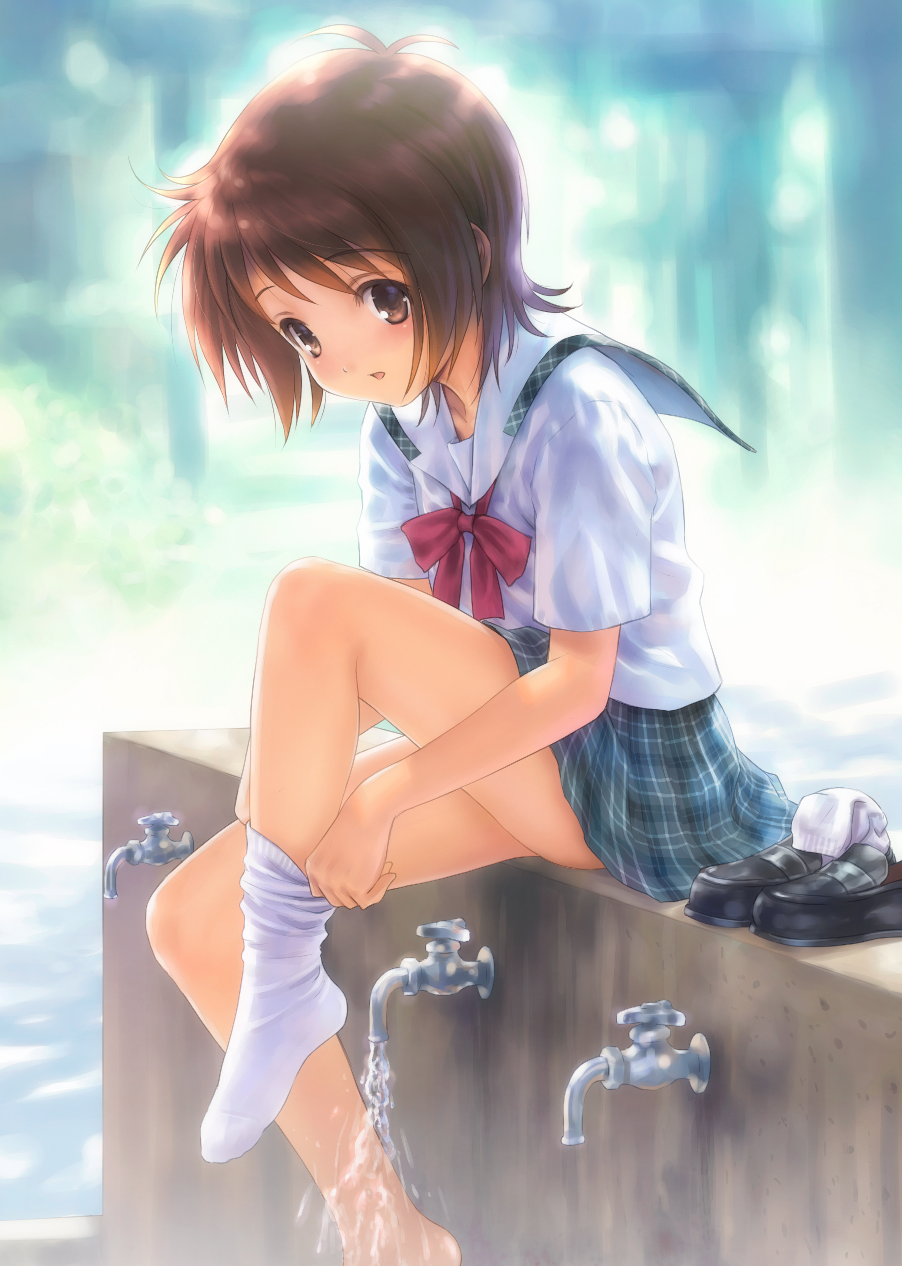 goto p, absurdres, highres, 1girl, barefoot, blush, bow, bowtie, brown eyes, brown hair, faucet, feet, female focus, from side, loafers, open mouth, plaid clothes, plaid skirt, red bow, red bowtie, ribbon, school uniform, serafuku, shoes, short hair, single sock, sitting, skirt, soaking feet, socks, solo, tree, undressing, unworn shoes, water, white socks