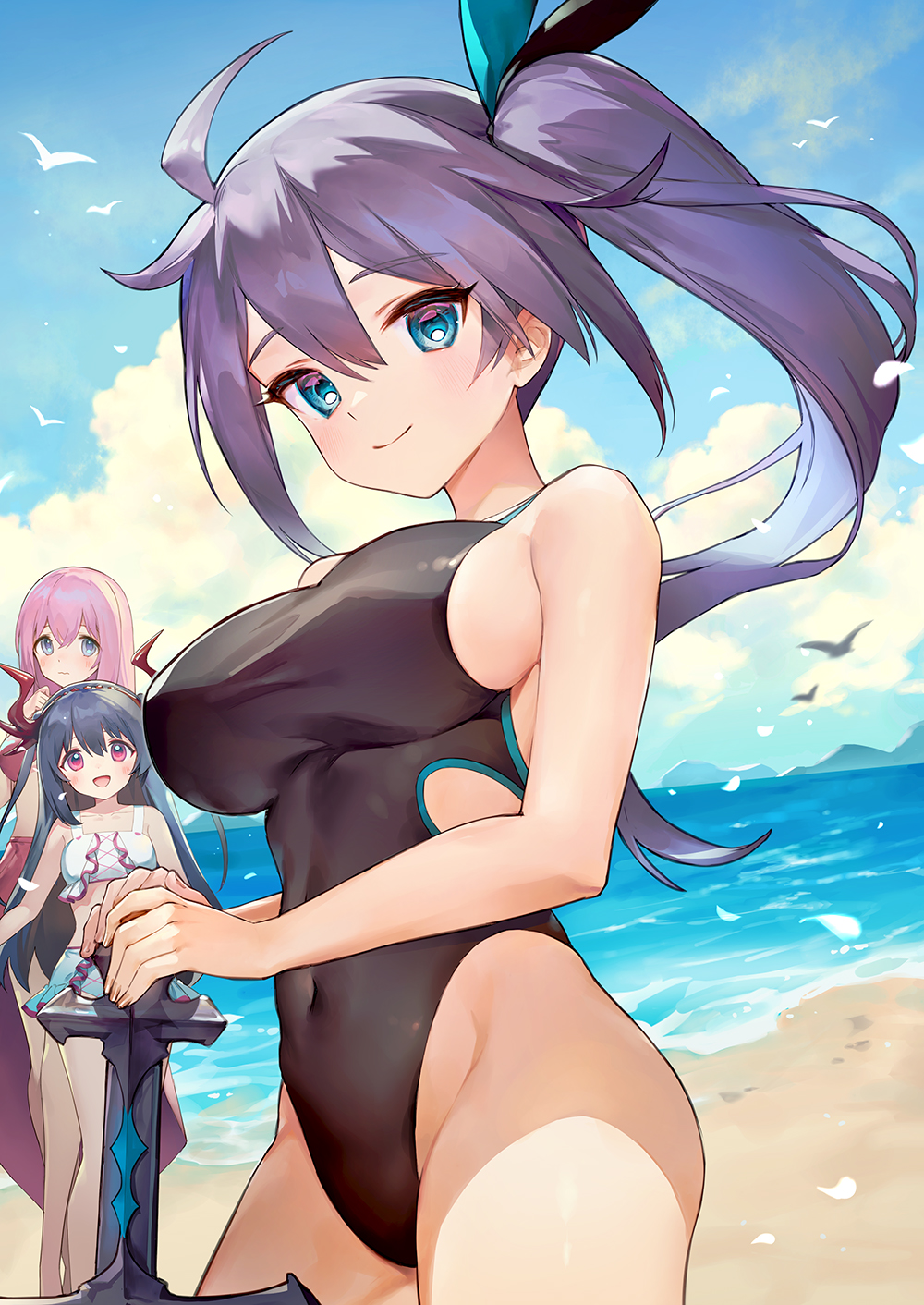 ainy, character request, commentary request, highres, 3girls, ahoge, beach, bird, black one-piece swimsuit, blue eyes, blue ribbon, blue sky, breasts, closed mouth, cloud, covered navel, cowboy shot, day, hair between eyes, hair ribbon, holding, holding sword, holding weapon, large breasts, long hair, looking at viewer, multiple girls, ocean, ochikobore ryuukishi bahamut ni hitomebore sareru, one-piece swimsuit, outdoors, purple hair, ribbon, sky, smile, solo focus, swimsuit, sword, thighhighs, thighs, weapon